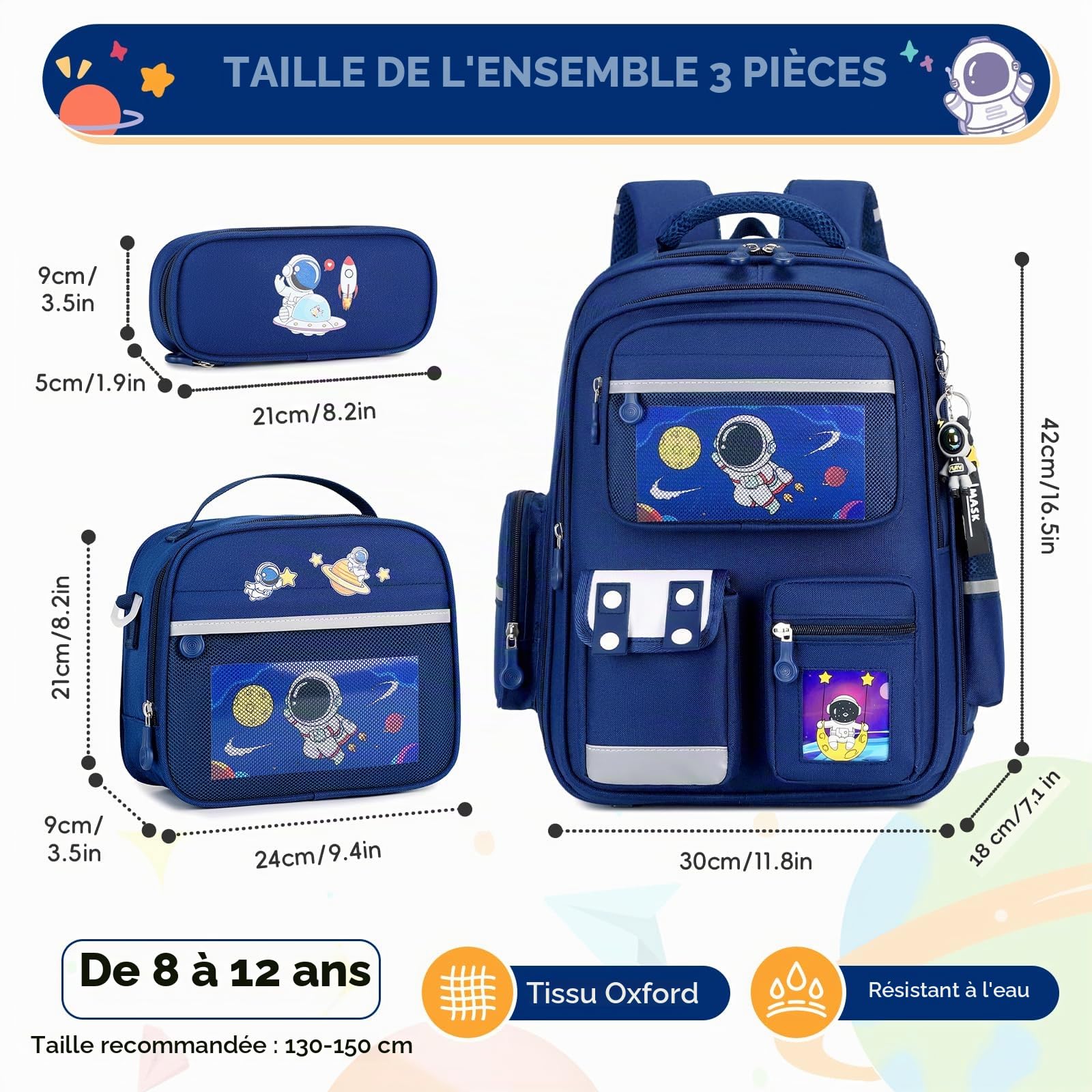 Amythe Cartable Garçon 8-12 Ans CE1 CE2 CM1 CM2 - Sac à Dos École Primaire avec Lunch Bag Trousse - Léger Imperméable avec Ruban réfléchissant – Idéal Rentrée Scolaire - Bleu