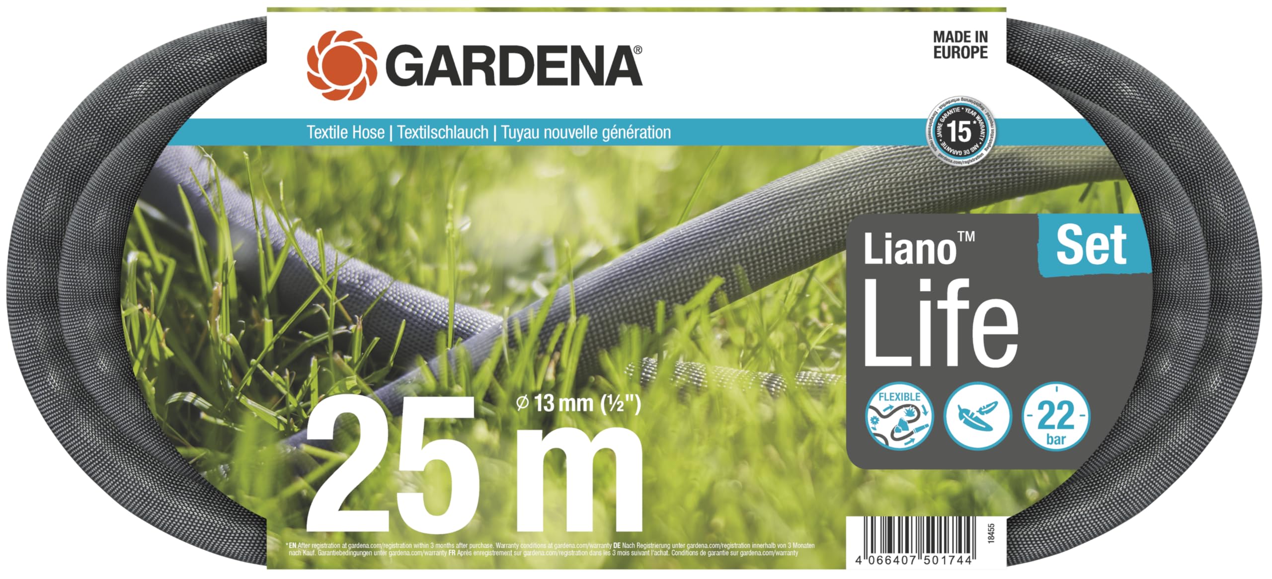 GardenaLiano Life Textile Hose 1/2 inch, 25m: Highly flexible textile garden hose, with PVC inner tube, no kinking, lightweight, weather-resistant (18455-20) - Packaging May Vary