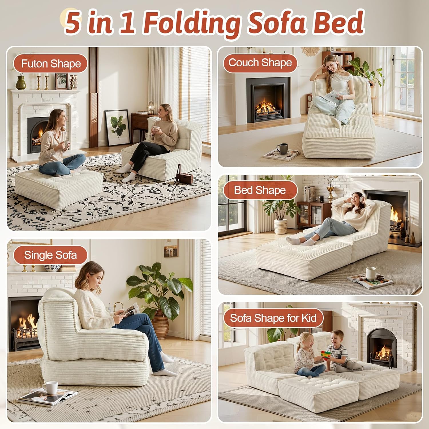 Folding Sofa Bed, 5-in-1 Convertible Sleeper Reading Chair Corduroy Futon Sofa Bed, Foldable Mattress with Back Support, Portable Fold Out Chair Bed Comfy Floor Lounge for Living Room Bedroom