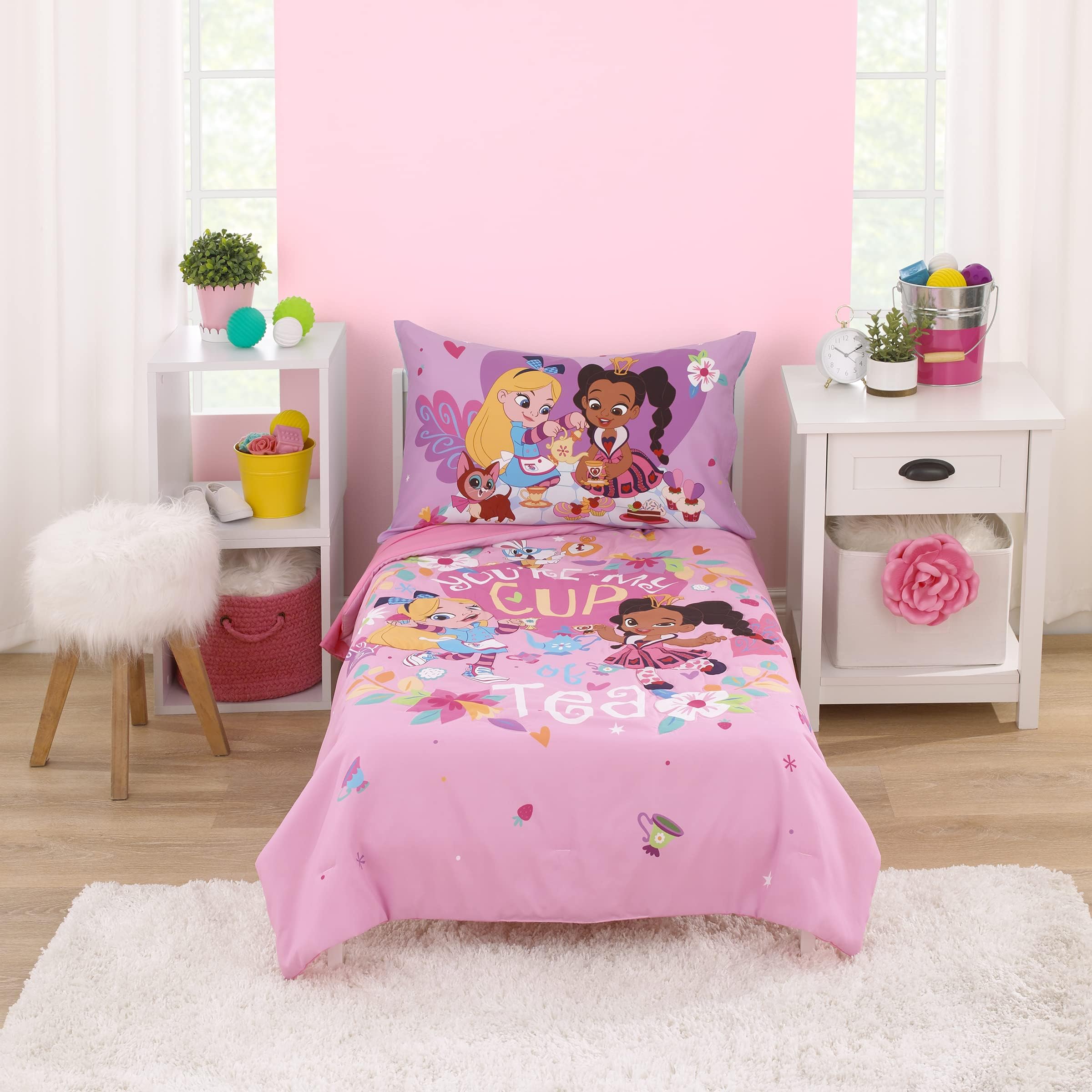 NoJoDisney Alice's Wonderland Bakery Tea Party Pink and Purple 4 Piece Toddler Bed Set - Comforter, Fitted Bottom Sheet, Flat Top Sheet, and Reversible Pillowcase