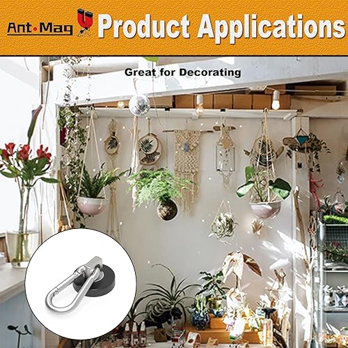 Miniatura 10 de Ant Mag Mosquetón magnético de 50 libras, mosquetón magnético de neodimio resistente con mosquetón giratorio, gancho a presión para interiores y