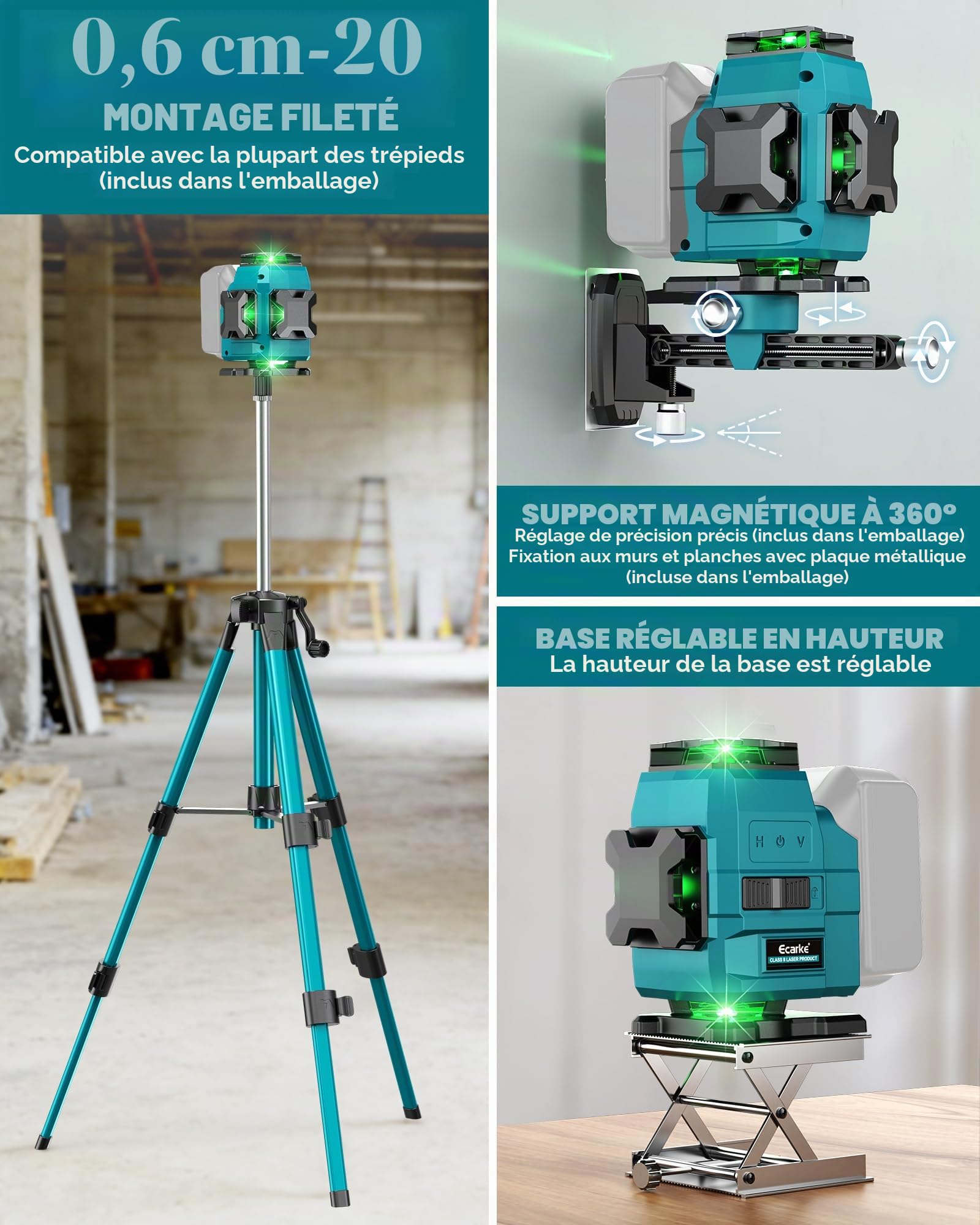 Ecarke 4D Laser à Lignes Croisées Vert, 16 Lignes, 4x360° avec Trépied, Compatible avec Batterie Ma-kita 18V, Laser Auto-Nivellant pour La Construction, Les Carreaux (Outils Uniquement)