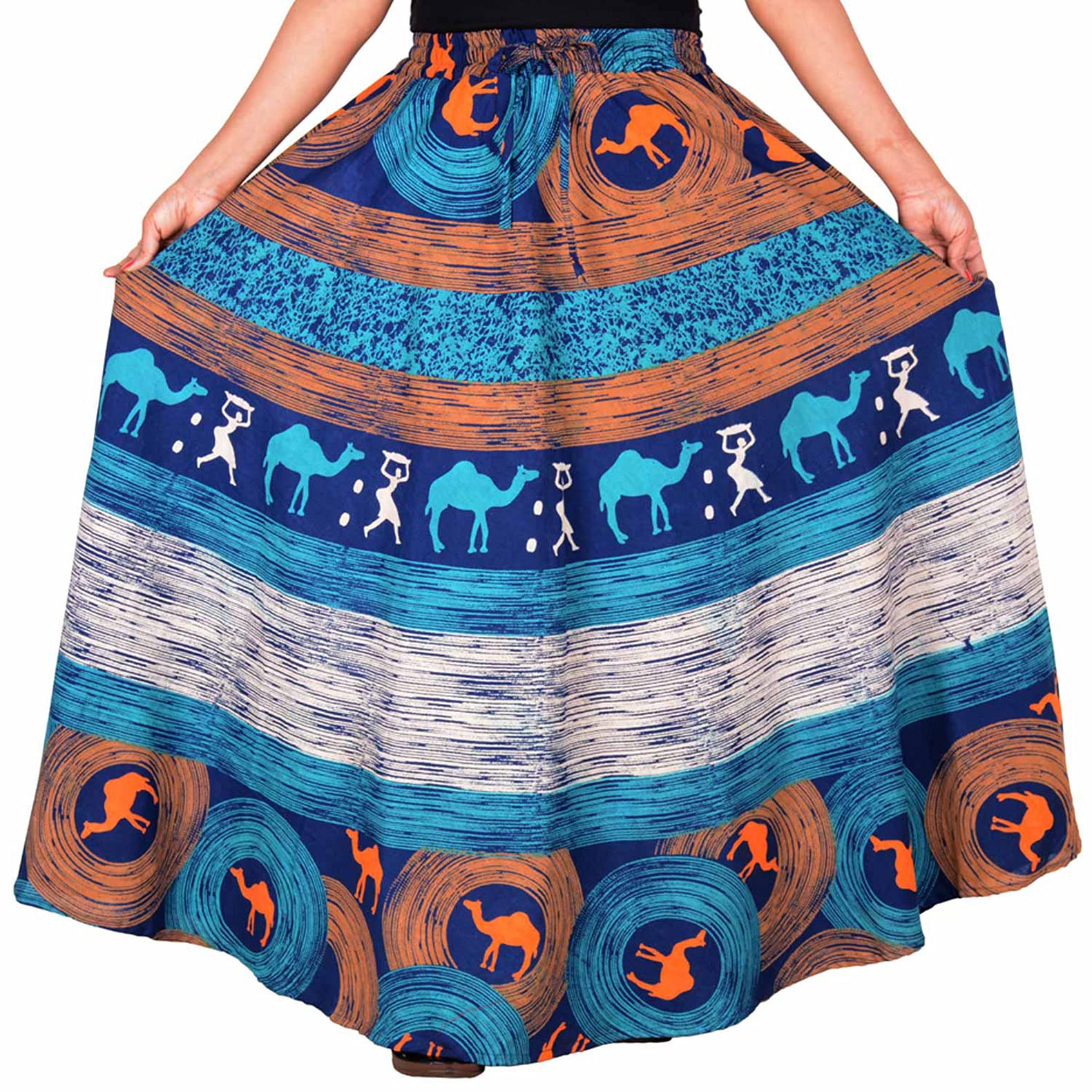 36 Inch Length Women's Cotton Printed Regular Long Elasti Skirt for Women (E_E36NTT_0008-4XL; Turquoise; XXXX-Large)-image-4