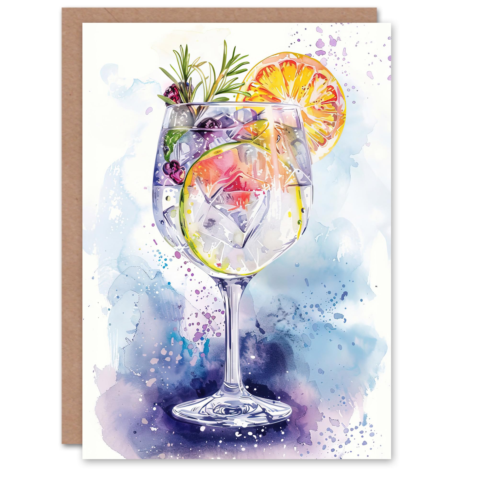 Artery8 Greeting Card Sloe Gin Tonic Fruit Cocktail Modern Watercolour Blank For All Him Or Her Art Birthday Card