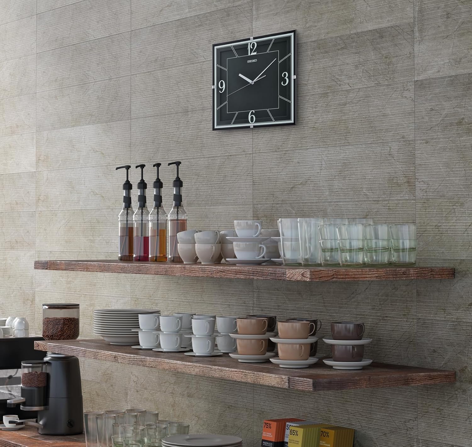 SEIKO QXA821KRH Square Glass Printed Non Ticking Wall Clock, Black, 11 Inch