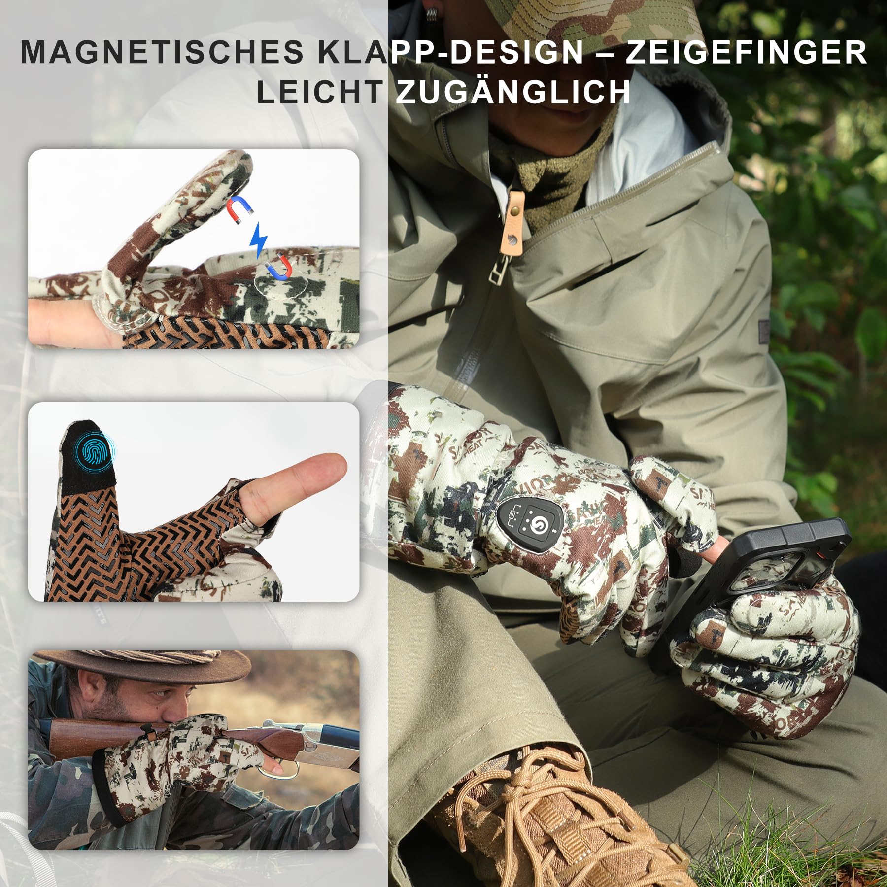 Beheizbare Jagdhandschuhe Herren mit Automatik-Abschalt-Stillschalter 10 Stunden Heizdauer Dünne Warme Rutschfeste Winterhandschuhe mit Aufklappbarer Zeigefingerkuppe Geeignet für Jagd Fotografie
