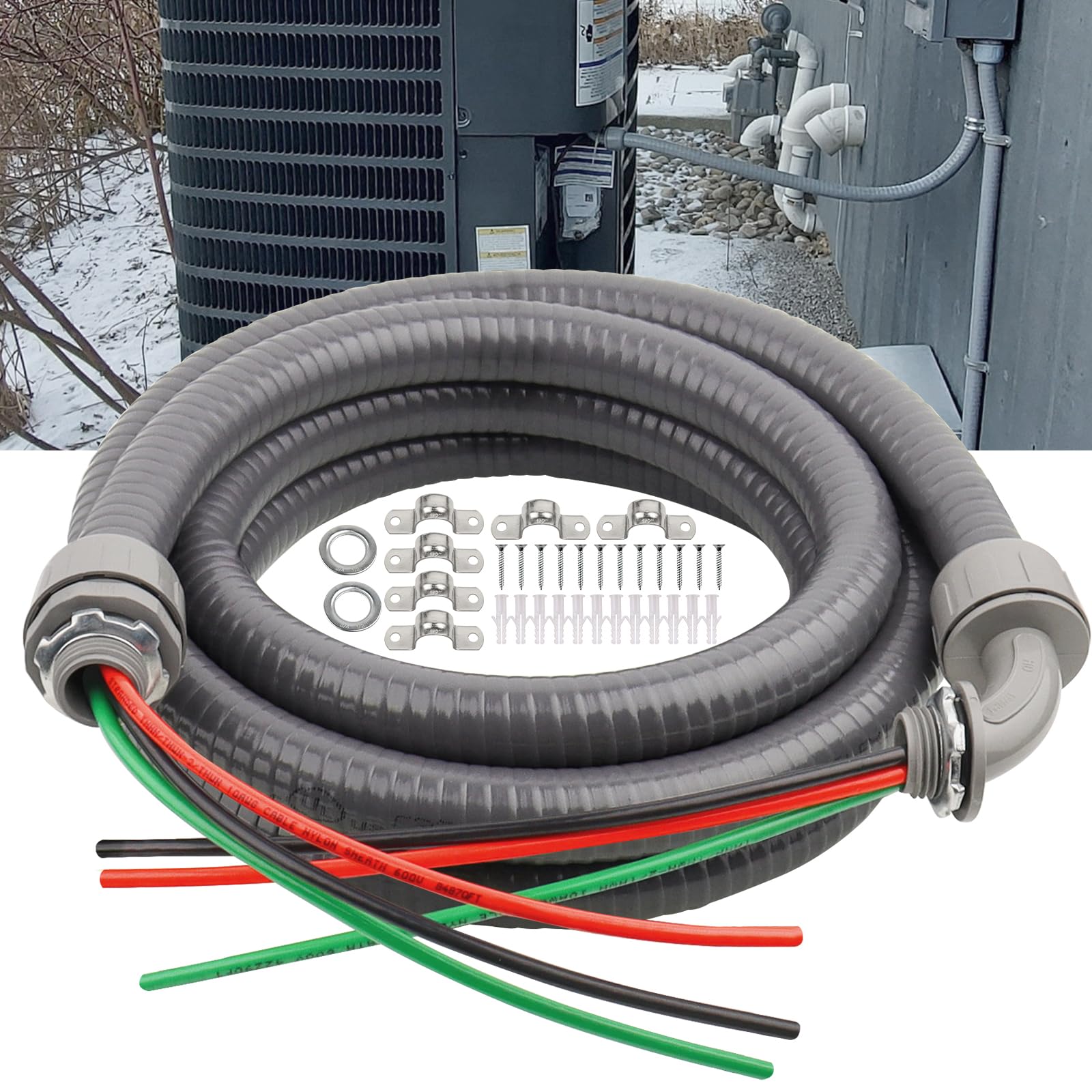 1/2Inch Outdoor Electrical Whips Kit, 10 FT Nonmetallic Liquid Tight Flexible Conduit Wire with 3 Conductors 10 Gauge THHN Electrical Wires, A/C Disconnect Box Power Whips Assembly (10FTx1/2Inch)
