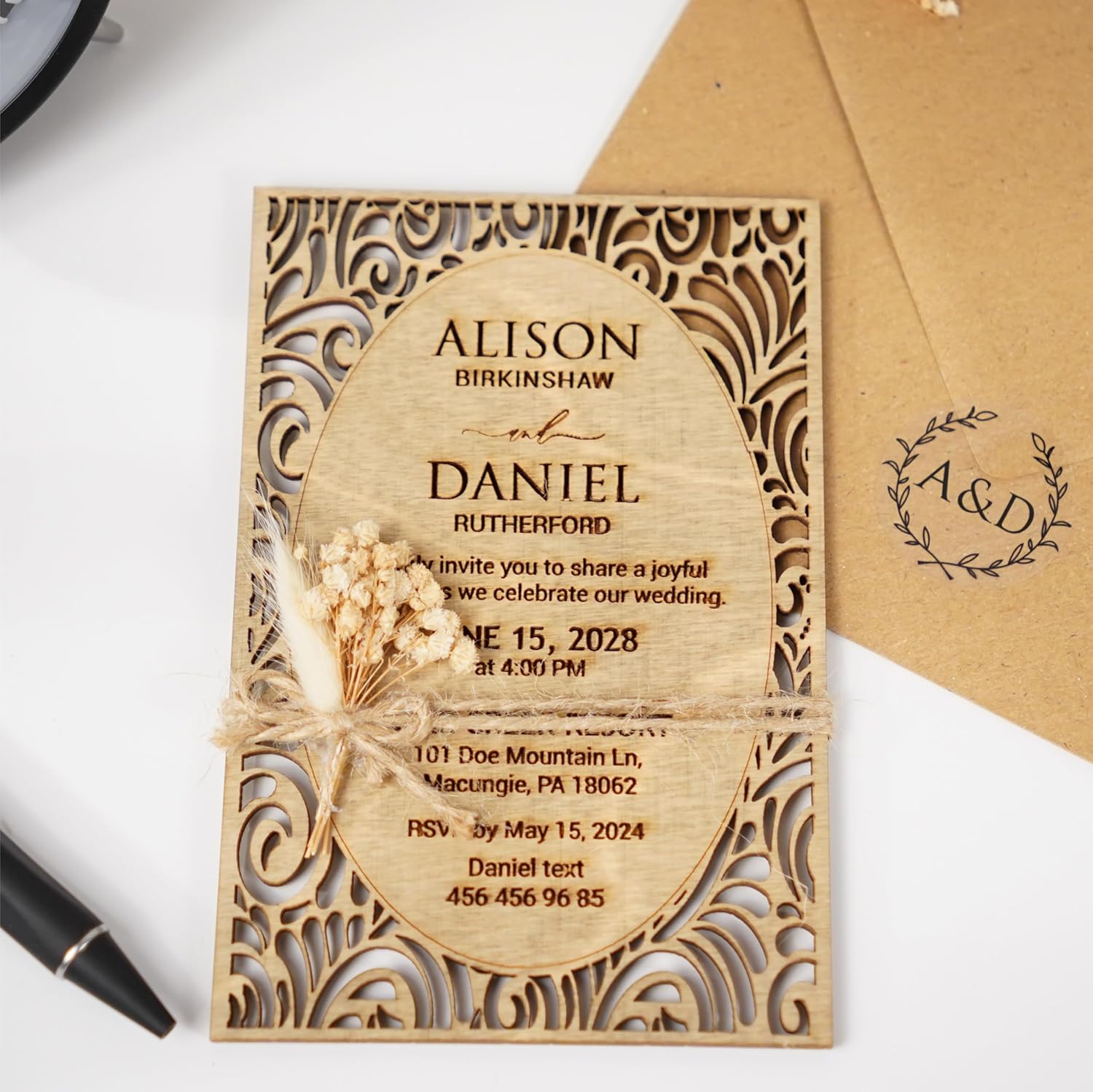 Rustic Wooden Wedding Invitations with Laser Cut Flower Design, Envelopes and Stickers for Wedding, Engagement, Bridal Shower, 5 Color Options