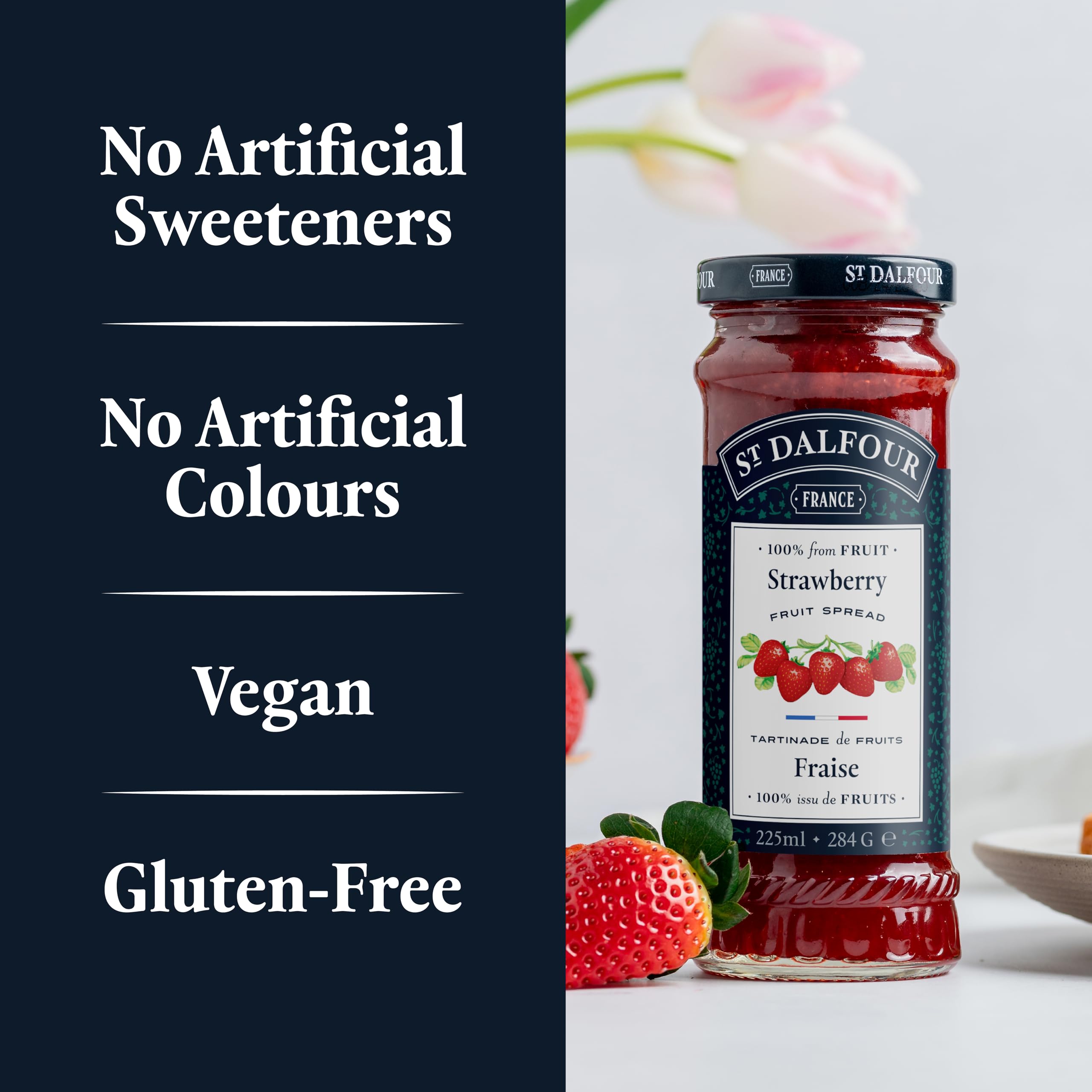 St. Dalfour Erdbeerfruchtaufstrich 284g - ohne Zuckerzusatz, 100% echte Früchte, rein natürliche Marmeladenalternative, vegan, glutenfrei, gentechnikfrei, hergestellt in Frankreich - Großpackung 6 x