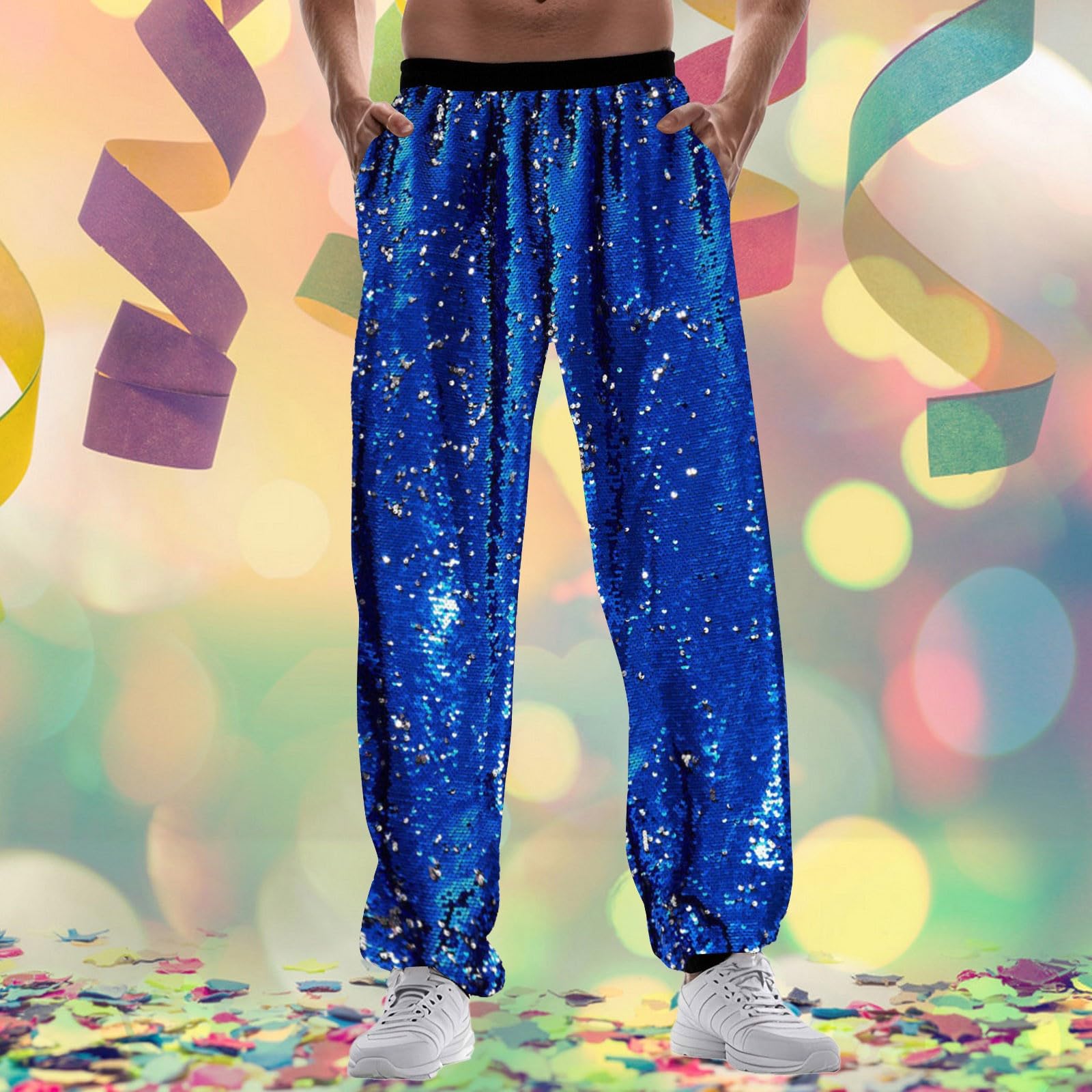 Pailletten Hose Herren Metallisch Locker Glänzende Jogger Hosen Disco Party Elastische Jogginghose Hip Hop Freizeithose Männer Stilvoll Club Sporthose Nachtclub Festlich Streetwear Karneval