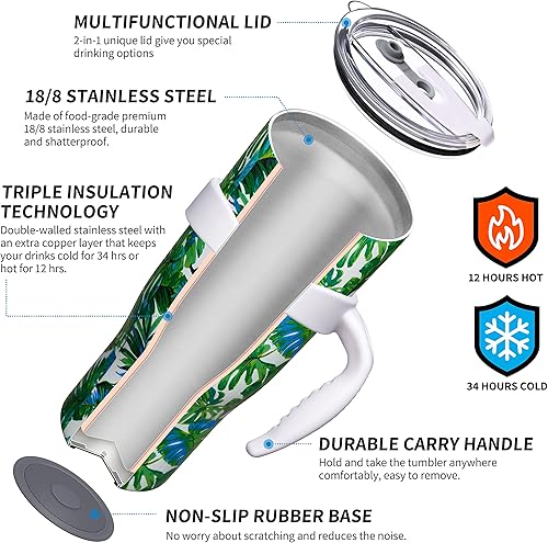 Miniatura 2 de THILY Vaso de acero inoxidable aislado al vacío de 40 onzas, taza de viaje para café con asa y tapa, reutilizable, a prueba de sudor, mantiene las