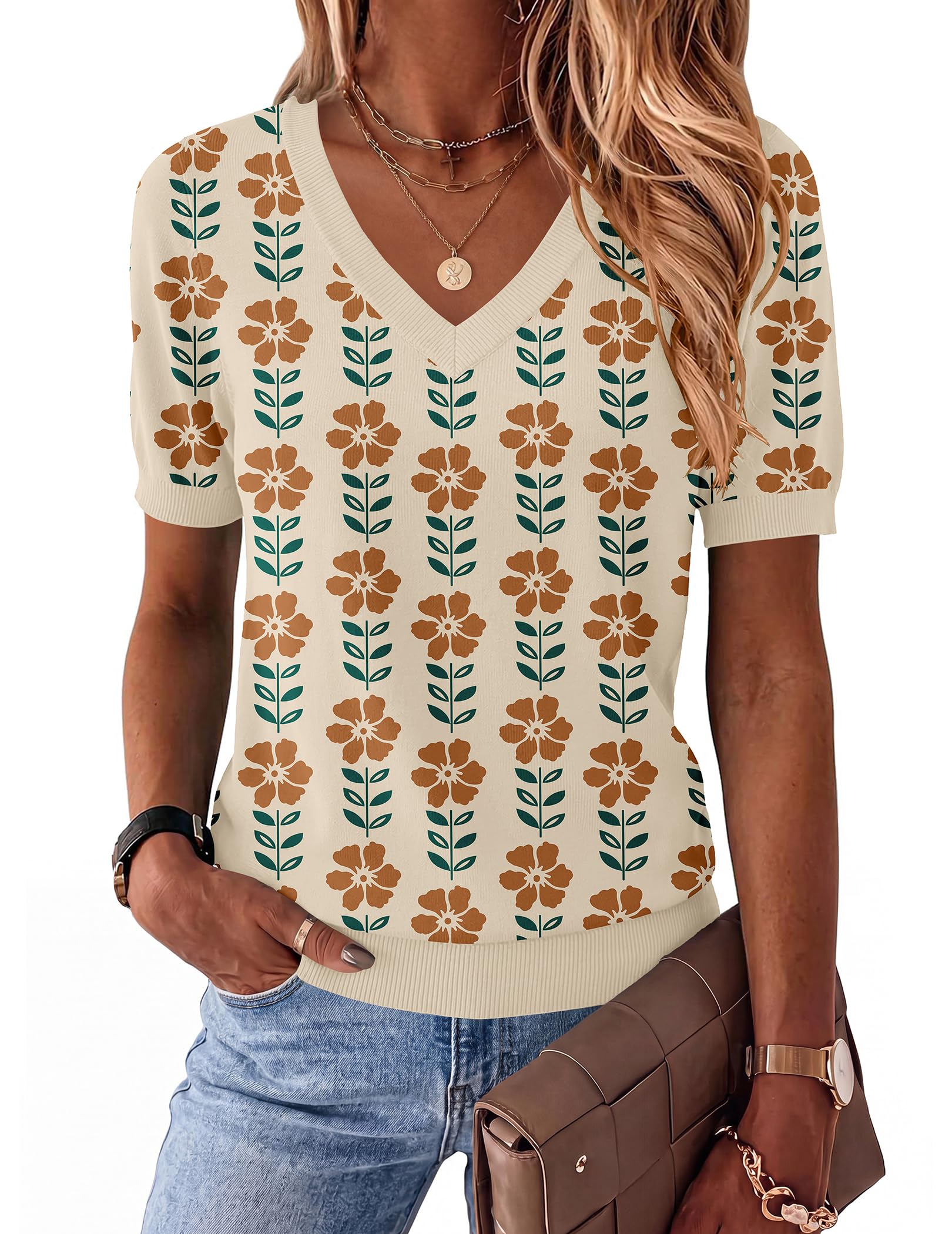 Womens Short Sleeve Sweaters 2026 Summer Lightweight V Neck Pullover Tops Dressy Business Casual Blouses Clothes-image-32