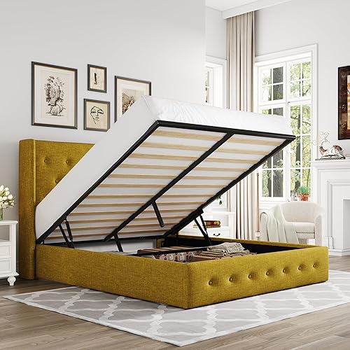 Miniatura 33 de Allewie Cama de almacenamiento elevable tamaño Queen, cabecera moderna con respaldo alado, soporte hidráulico, no necesita somier, color beige claro