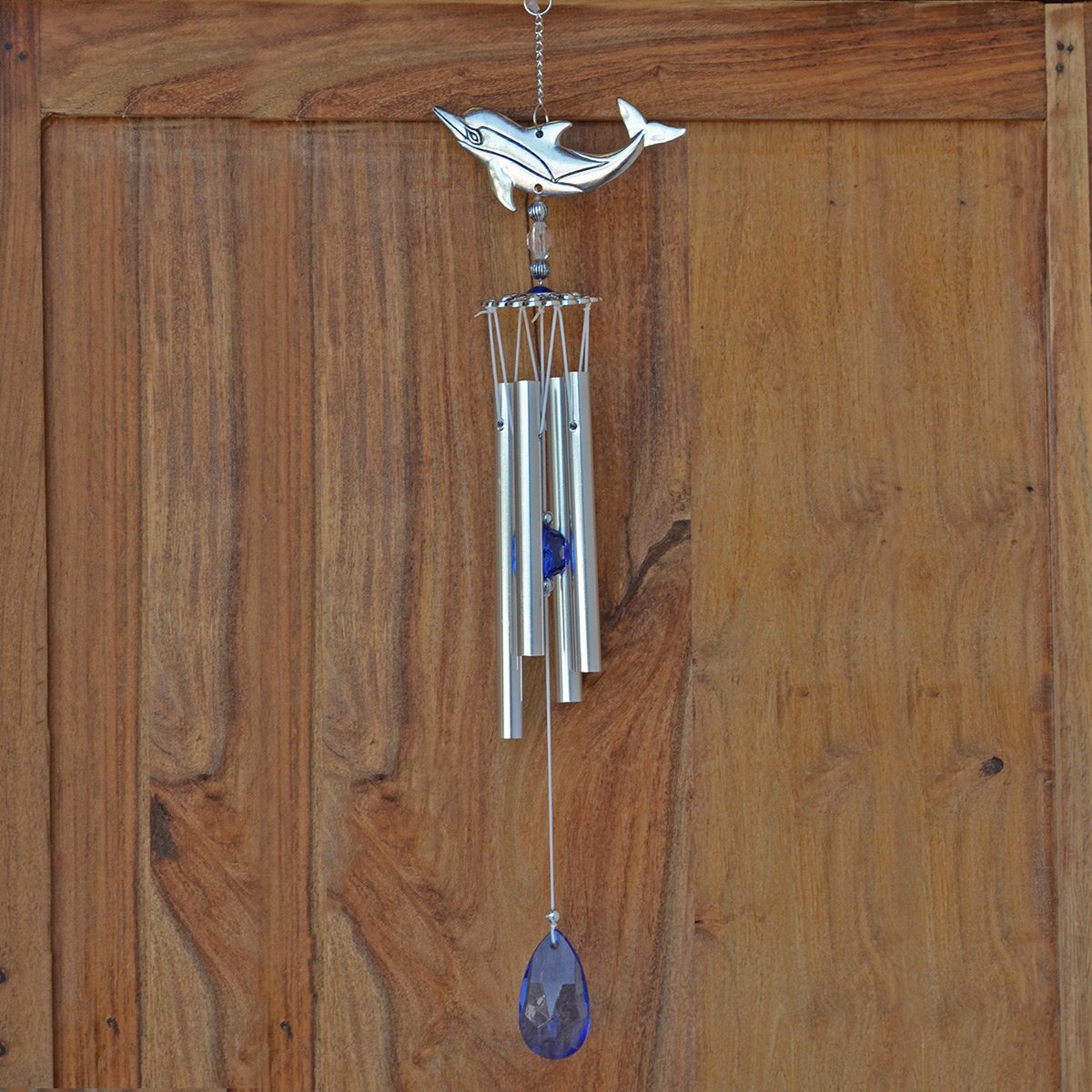 Fiesta Studios Blue,Silver Dolphin Wind Chime Silver & Blue Gem Hanging Decor Metal Suncatcher 17"