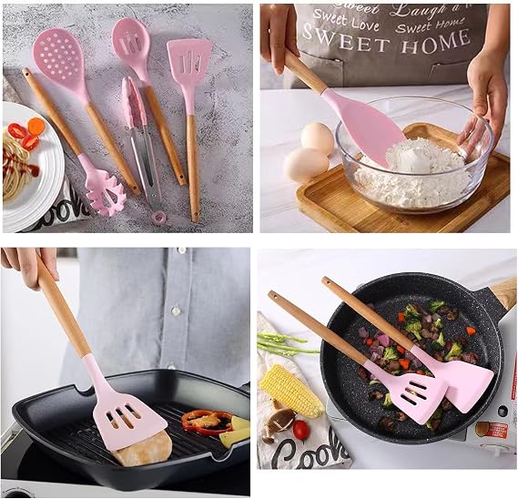 Kitchen Utensil Set, 12 PCS Silicone Cooking Utensils with Holder, Silicone Cooking Utensils Set with Wooden Handle Natural Wooden Handle Cookware Tongs Spatula Spoon Set(Pink)