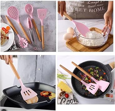 Kitchen Utensil Set, 12 PCS Silicone Cooking Utensils with Holder, Silicone Cooking Utensils Set with Wooden Handle Natural Wooden Handle Cookware Tongs Spatula Spoon Set(Pink)