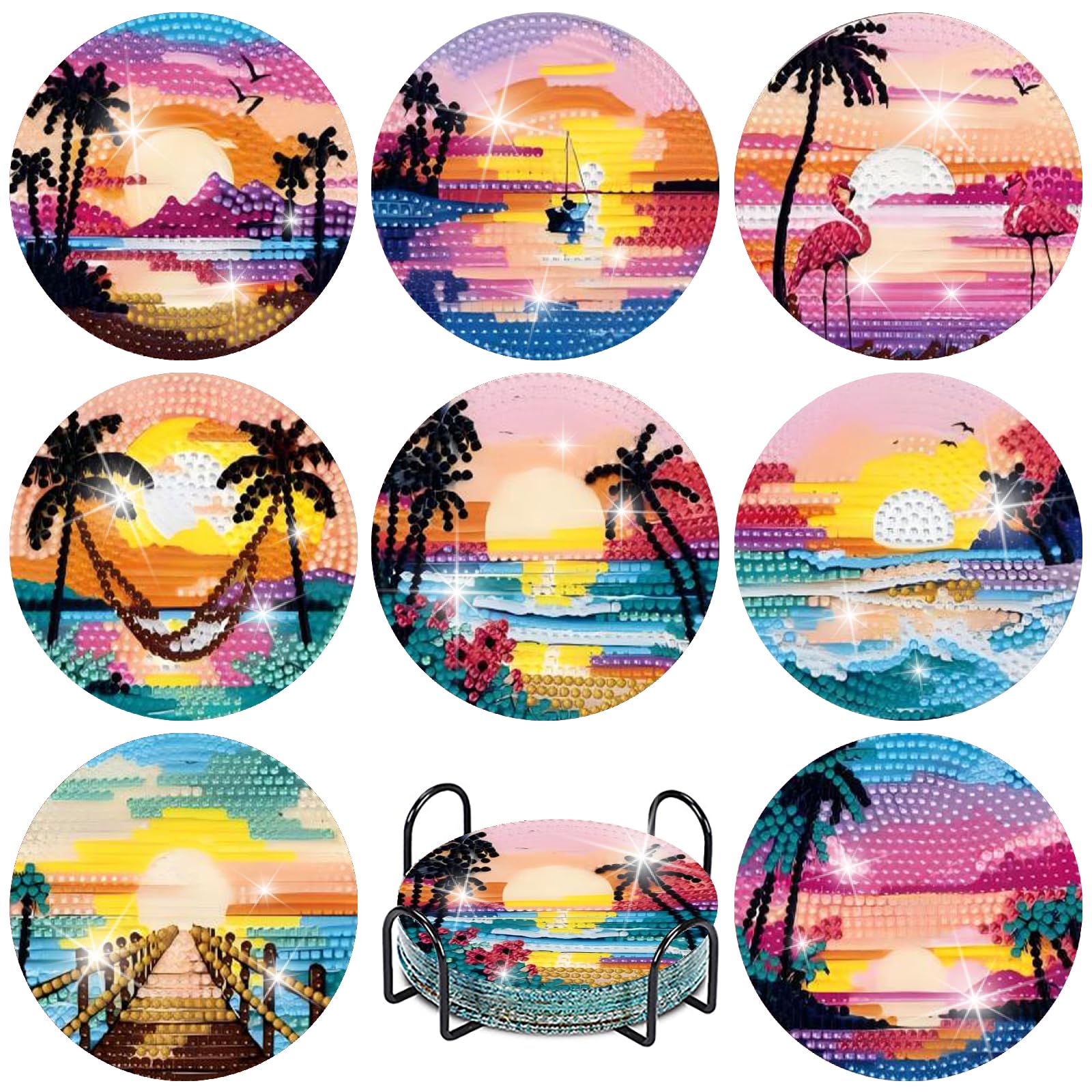 askkqtx 8 Pcs Beach Diamond Art Coasters Set with Holder 4x4 Inch
