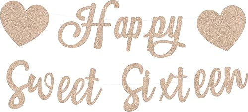 Cartel preencordado de feliz y dulce dieciséis cumpleaños Decoración de cumpleaños de 16 cumpleaños con purpurina dorada Cartel de 16 cumpleaños