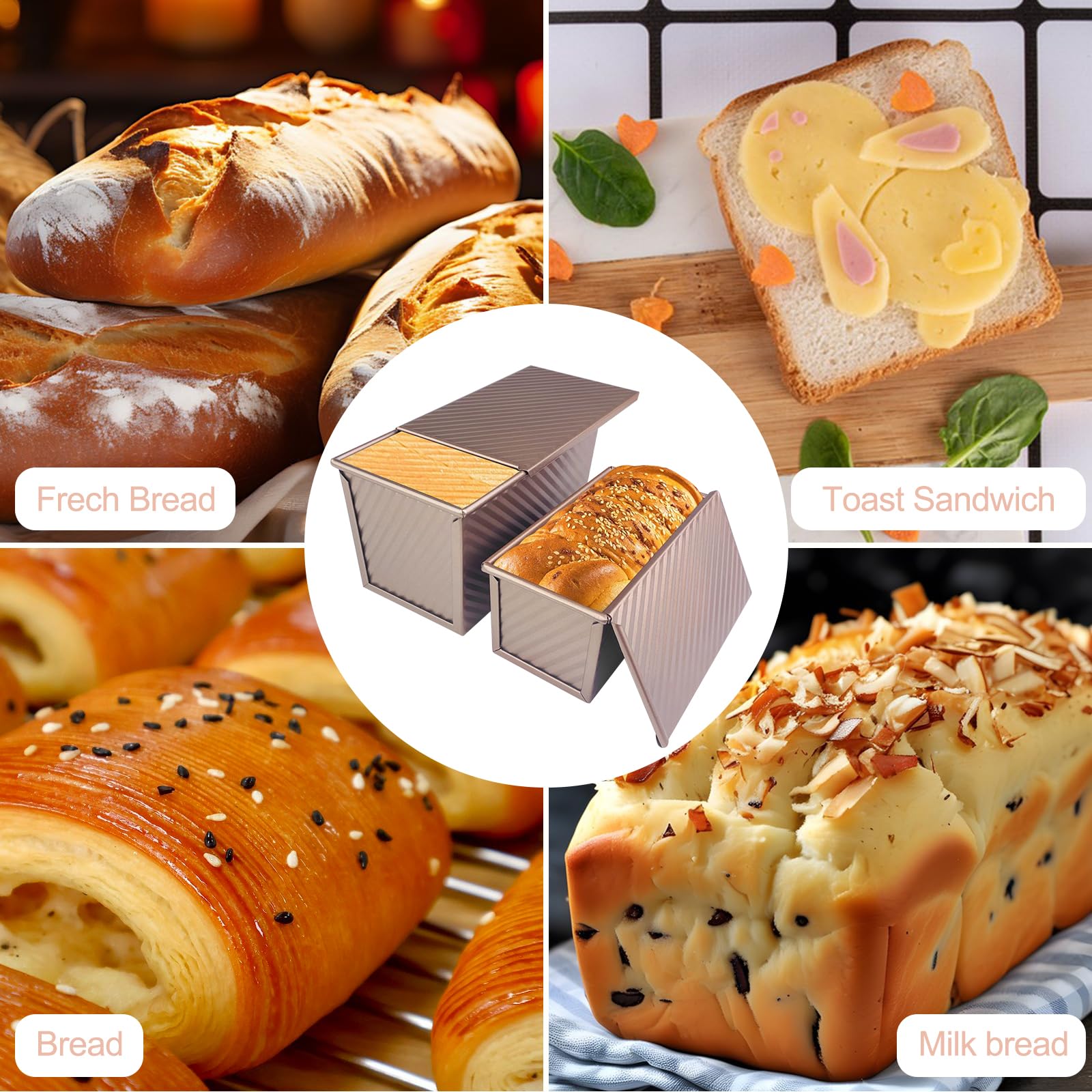 Lot de 2 Moule Pain de Mie avec Couvercle Coulissant, Moules a Brioche Anti-Adhésif en Acier Carbone, Boîte à Toast Plate Rectangulaire, pour Cuisson Gâteaux, Pains, Pâtisseries (Or Rose)