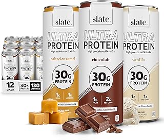 Slate Milk - Ultra Protein Shake - Sweet & Salty Pack - Chocolate, Vanilla, Salted Caramel - 30g Protein, 1g Sugar, 130 Calories, 2g Net Carbs - Lactose Free, No Added Sugar - 11 fl oz, 12 Cans
