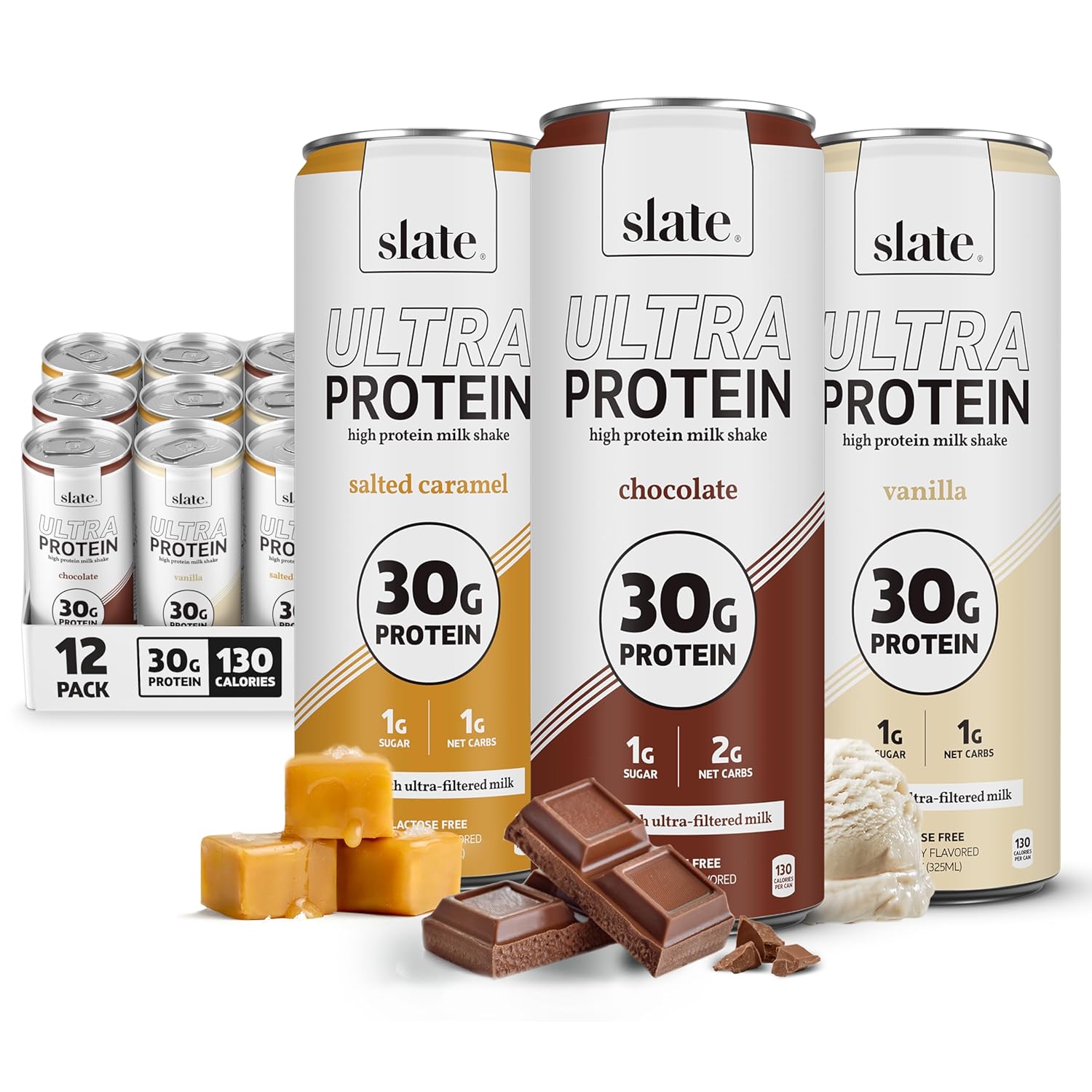 Slate Milk - Ultra Protein Shake - Sweet & Salty Pack - Chocolate, Vanilla, Salted Caramel - 30g Protein, 1g Sugar, 130 Calories, 2g Net Carbs - Lactose Free, No Added Sugar - 11 fl oz, 12 Cans