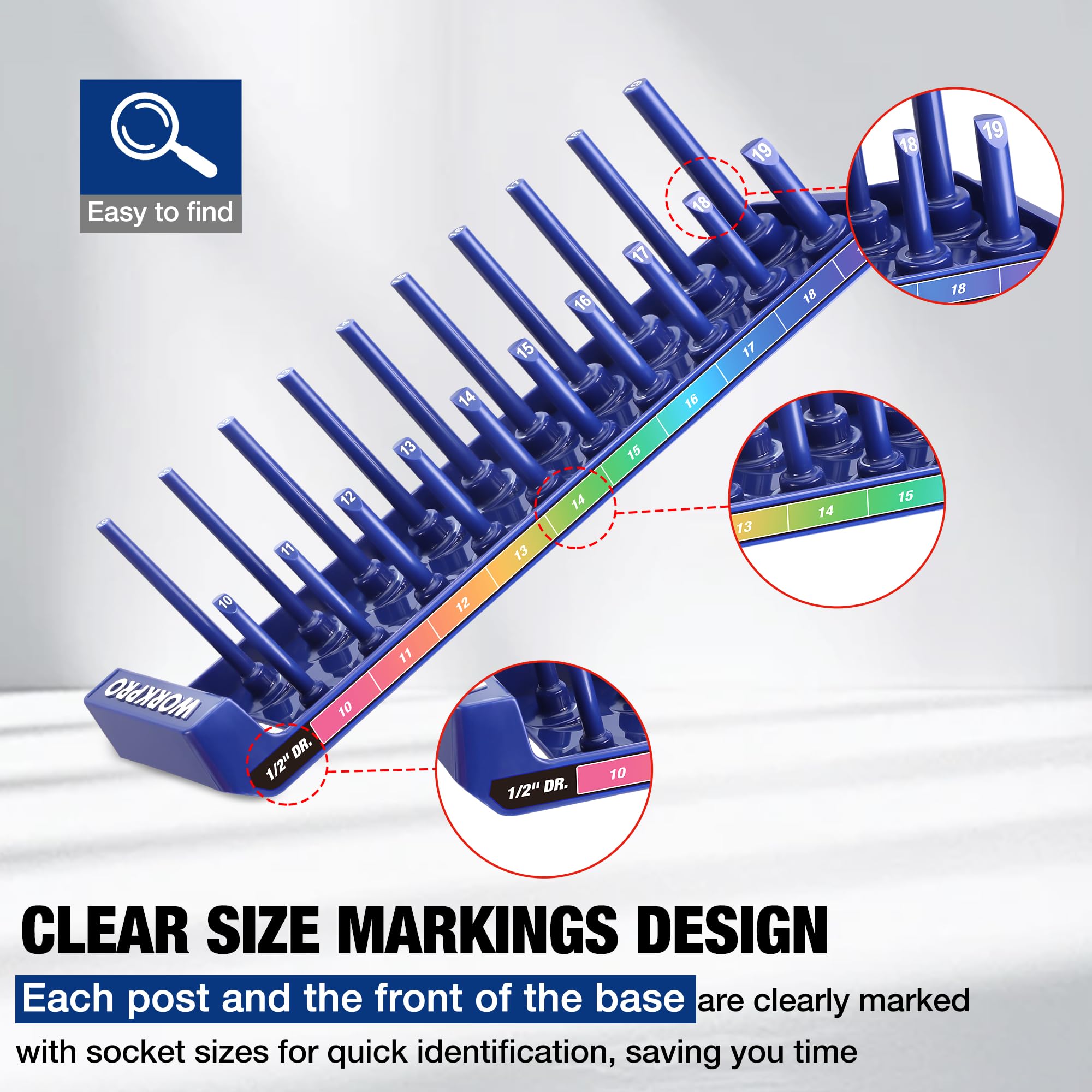 WORKPRO Socket Organizer Set, 4-Piece Socket Holders, 1/4", 3/8", 1/2" Drive Metric Socket Storage Rack Tray - Image 4