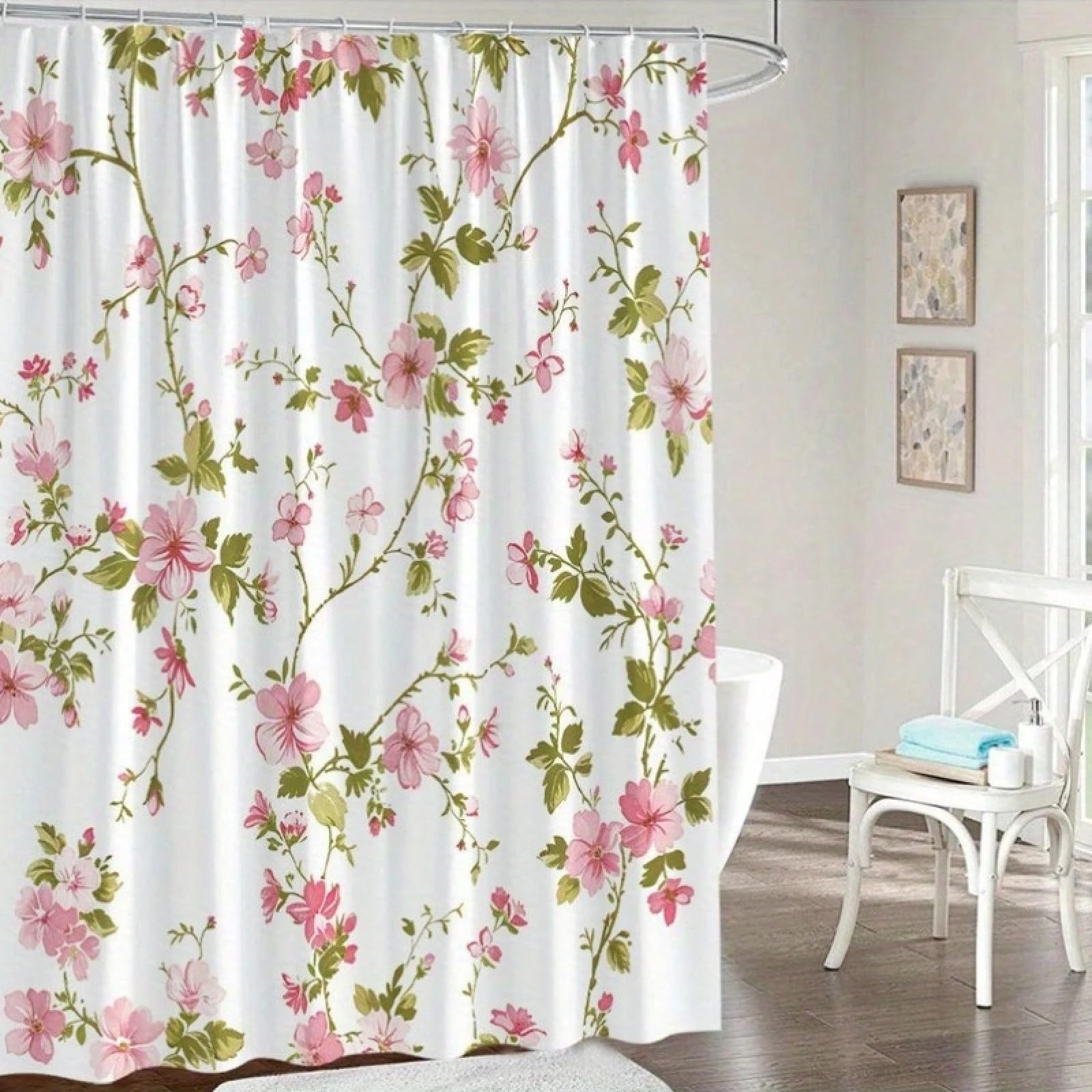 Vintage Duschvorhang mit Pflanzenmotiv, rosa und weißen Blumen kombiniert mit grünen Blättern für Nassräume (240 x 199 cm / 94 x 87 Zoll (B x H))