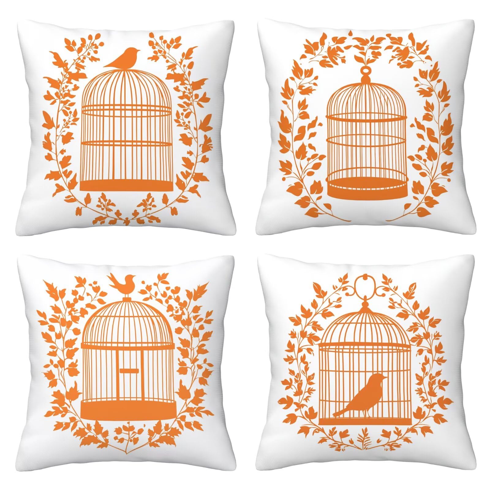 Juego de 4 Funda de Cojín Exterior Impermeable, 55x55 cm Fundas Cojínes Naranja de Lino, Exterior Impermeable Lino Cojín Pájaro Decorativo, Fundas de Almohada para Patio Balcón Jardín Sofá Silla U-37
