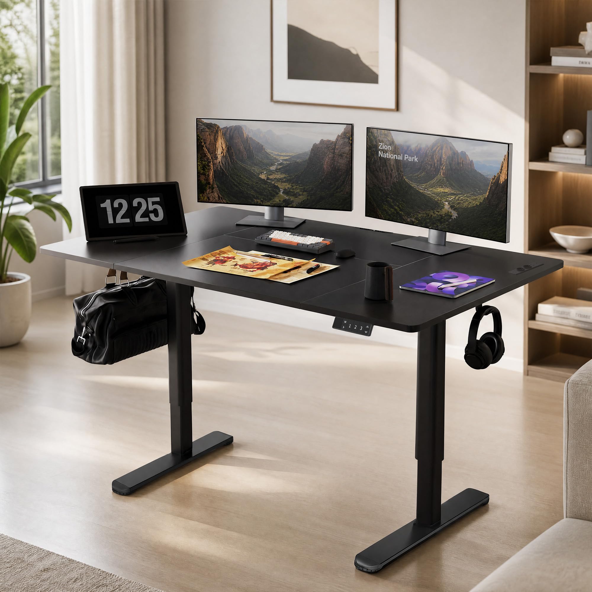 Claiks Höhenverstellbarer Schreibtisch mit Steckdosen 160 x 80 cm, Schwarz | 80kg Tragkraft, Integrierte Ladestation, Kabelmanagement-Box inklusive, Ergonomisches Sitzen-Stehen für Homeoffice & Gaming.