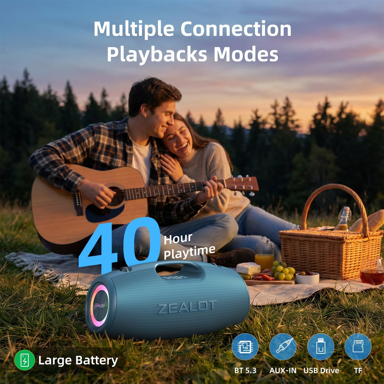 ZEALOT Portable Speakers Bluetooth Wireless, 120W Loud Waterproof Outdoor Speaker with Bass, Subwoofer, 40H Playtime, IP67, EQ, BT 5.3, LED Lights, for Camping Beach Party (Blue) - Image 5