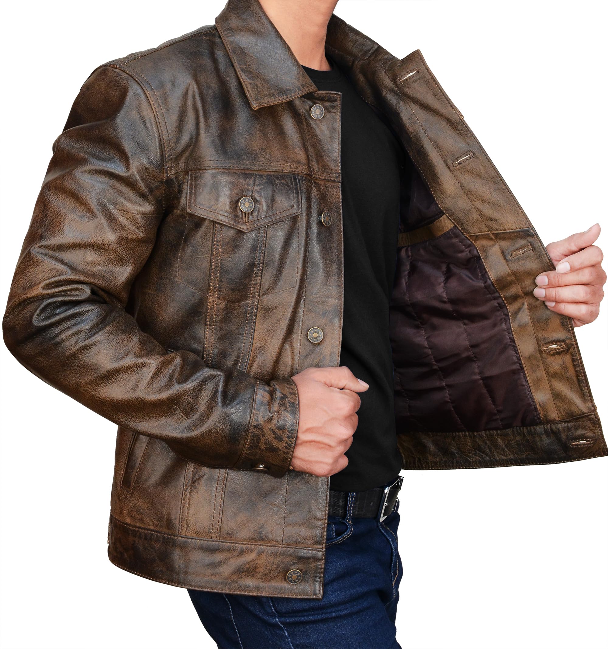 Harrington Veste de camionneur en cuir véritable pour homme – Col de chemise – Veste en cuir de cowboy occidental