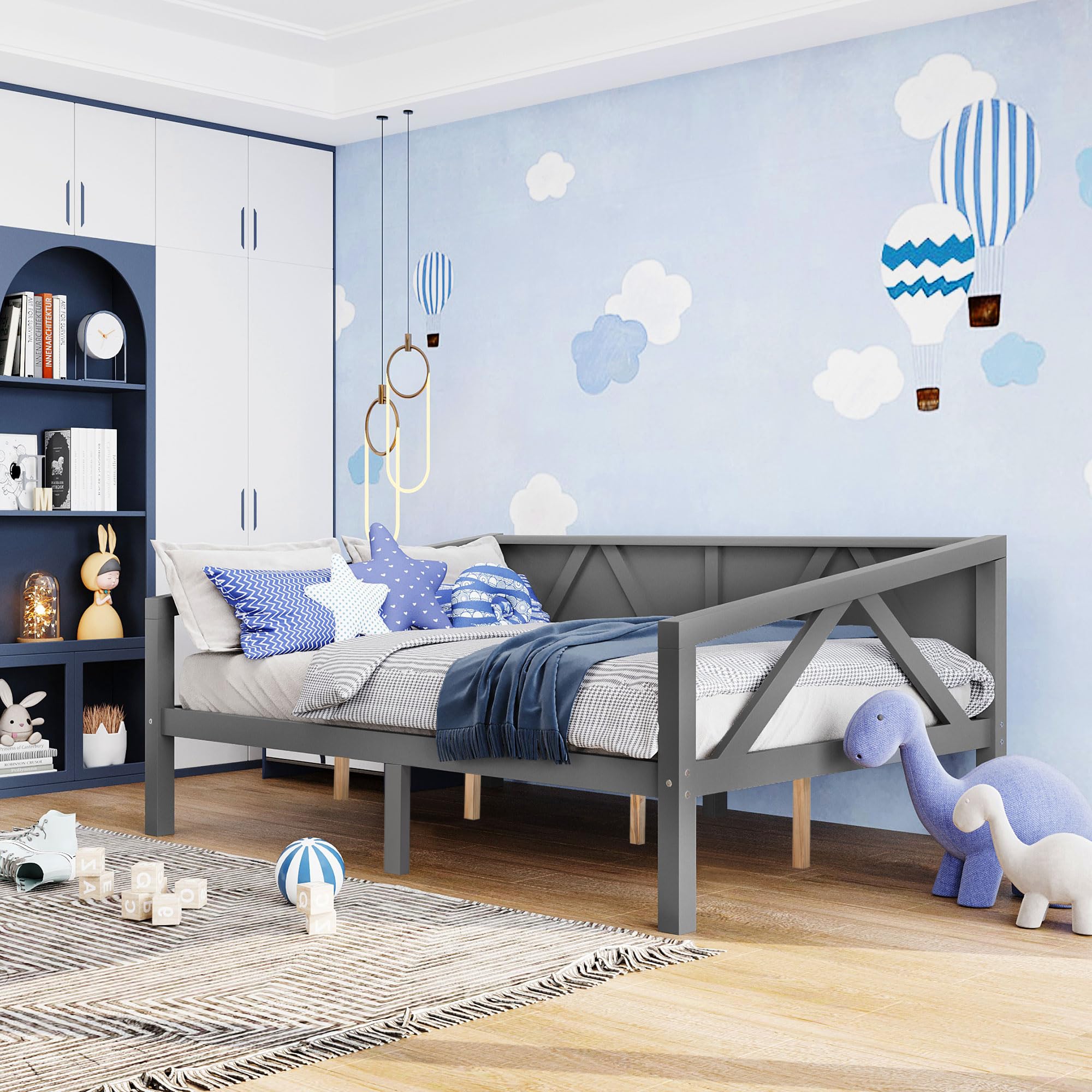 Flieks Full Size Daybed, Solid Wood Sofa Bed with Slat Support, Grey