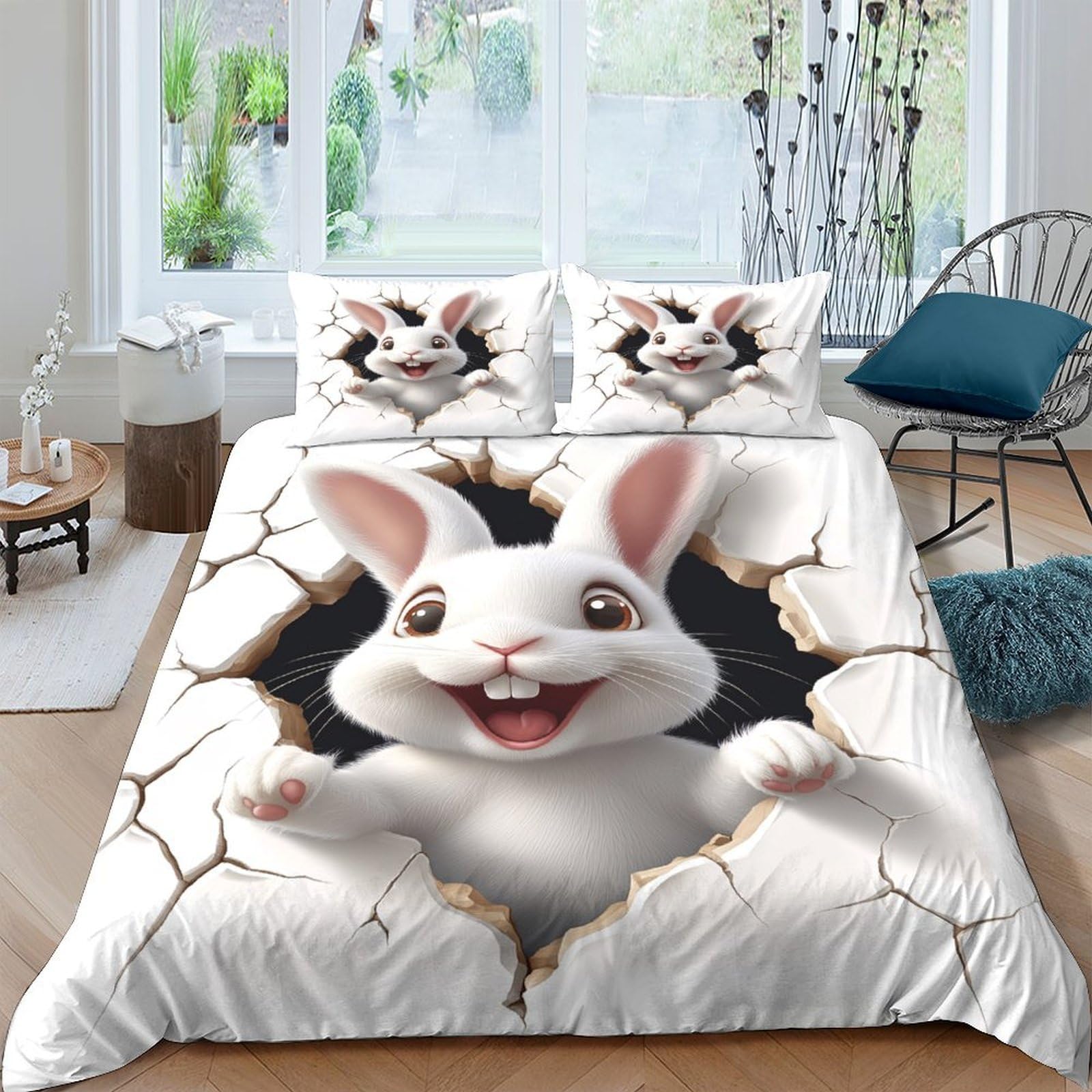 Ctjqhvkz Style-5 3D Printed Cartoon Bunny Fitted Sheet Microfiber Soft Breathable Cracked Wall Bed Cover For Bedroom Guest Room Decor Single（135X200cm）