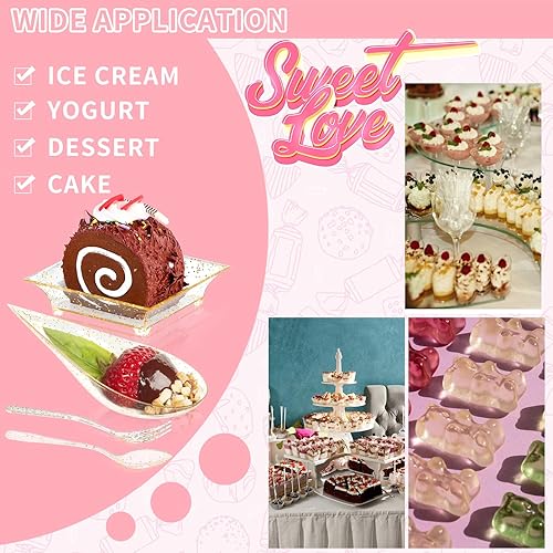 Miniatura 4 de XUWAIDSGN Juego de 100 platos dorados para aperitivos, platos de postre cuadrados y lágrimas con tenedores y cucharas, bandeja para servir