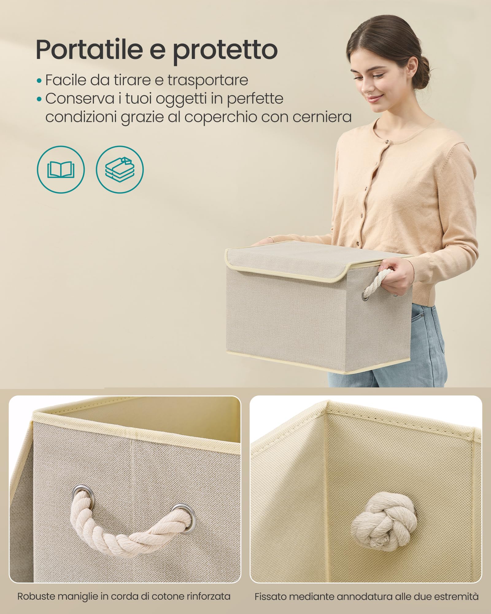 SONGMICS Scatole Portaoggetti con Coperchio, Set di 3, Contenitori in Tessuto Pieghevoli, Organizer per Armadio, Manici, per Camera da Letto Soggiorno, 38 x 25 x 25 cm, Beige Sabbia RFB013LZ01