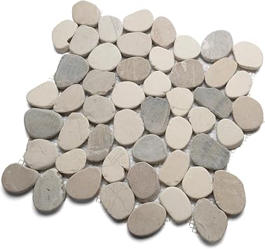 CNK Tile Sliced Mixed White Tan & Grey Pebble Tile - 12" x 12" Hand-Sorted Natural River Stones for Seamless Installation Shower Floors Backsplashes & Home Decor - Durable Easy-to-Maintain - Pack of 1