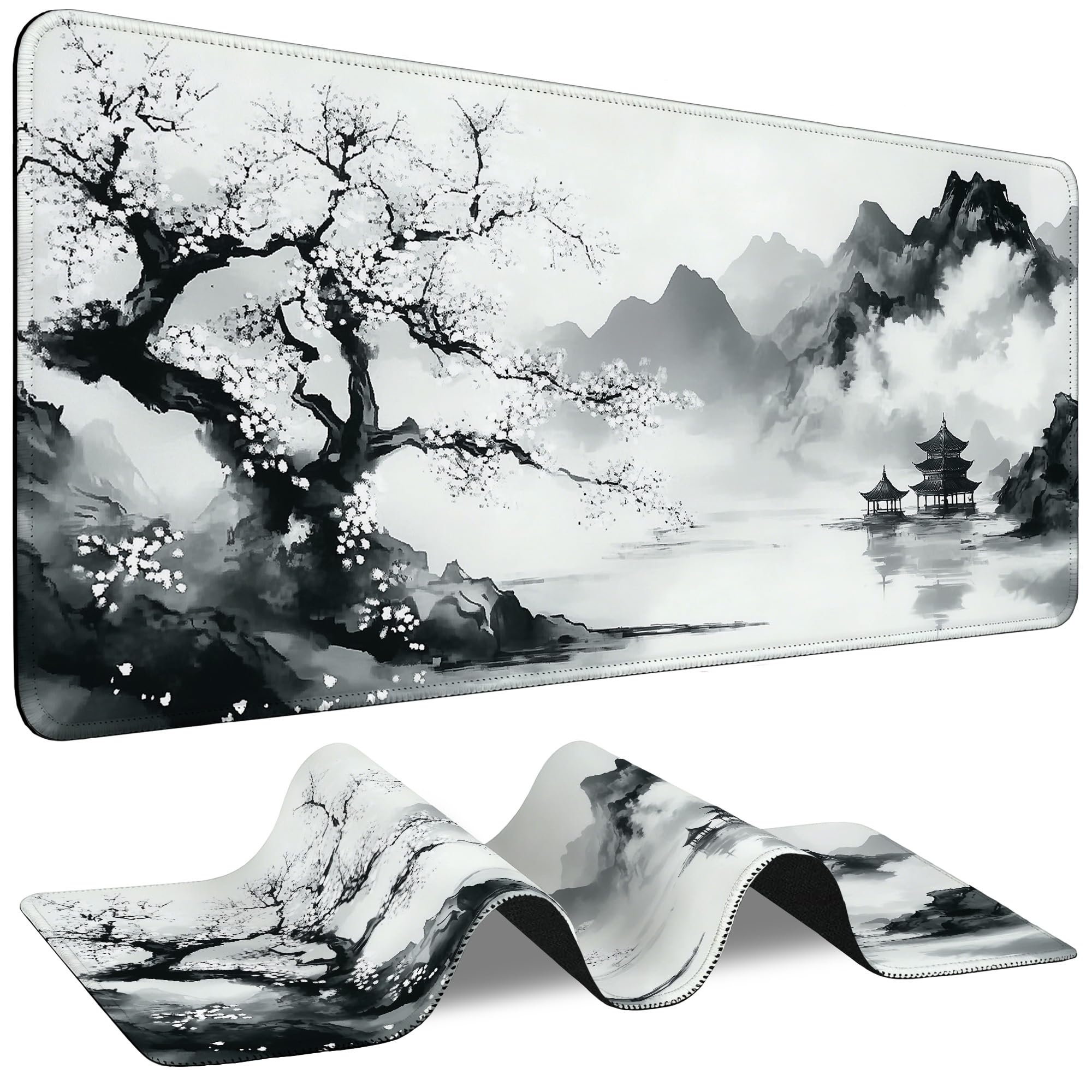 Large Mouse Pad Black and White Cherry Blossoms Waterproof Extra Large Mousepad with Stit…
