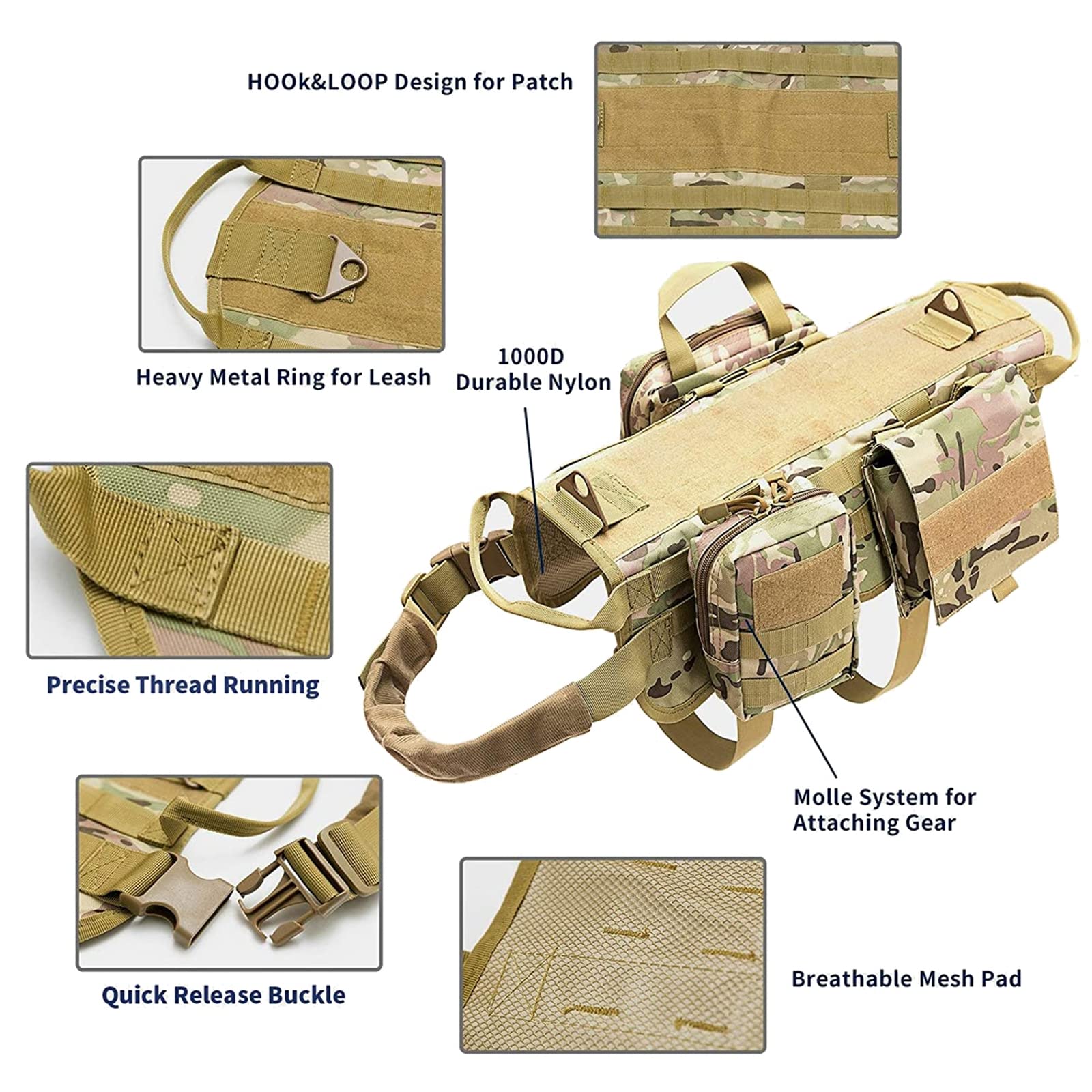 Pettorina Tattica per Cani con Custodie E Guinzaglio Elastico per Cani, Gilet per Cani di Servizio con Zaino per Passeggiate Ed Addestramento per Escursioni, Gilet Molle,CP,M