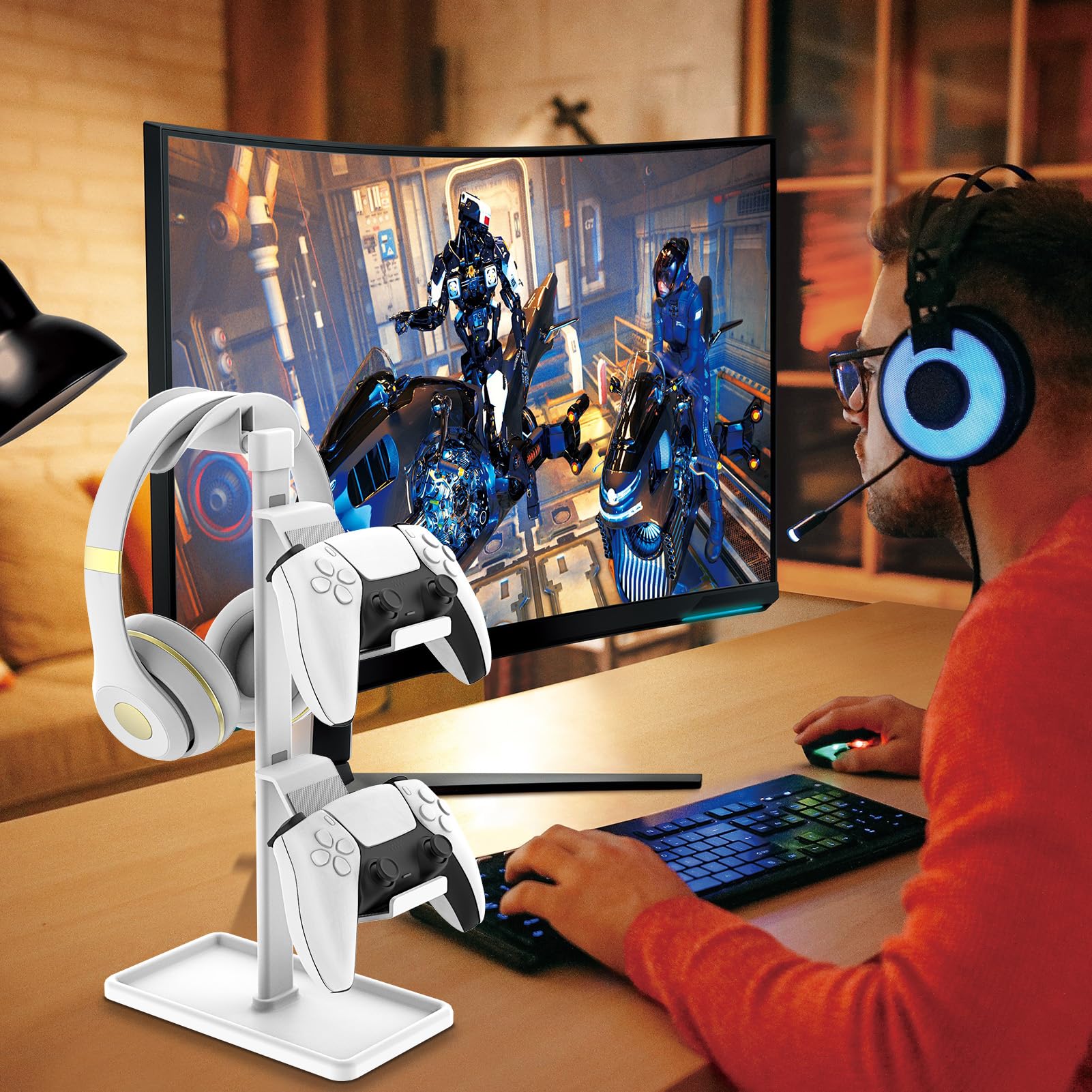 Support Manette, Support Casque, Gamer Porte Manette pour Xbox PS5 PS4 Switch, Headset Stand avec Organisateur de Rangement, Accessoire Bureau Gaming (Blanc)