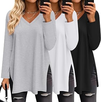 Huukeay 3 Pack Womens Oversized Long Sleeve T Shirts V Neck Knit Casual Workout Tunic Tops Side Split Loose Basic Tees
