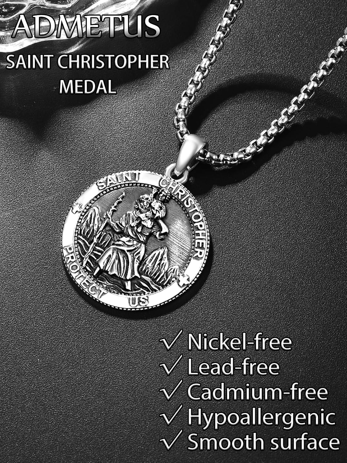 ADMETUS 925 Sterling Silver Patron Saint Medals Amulet Necklace Protection Jewelry for Men with 2.5mm 22"+2" Round Box Chain