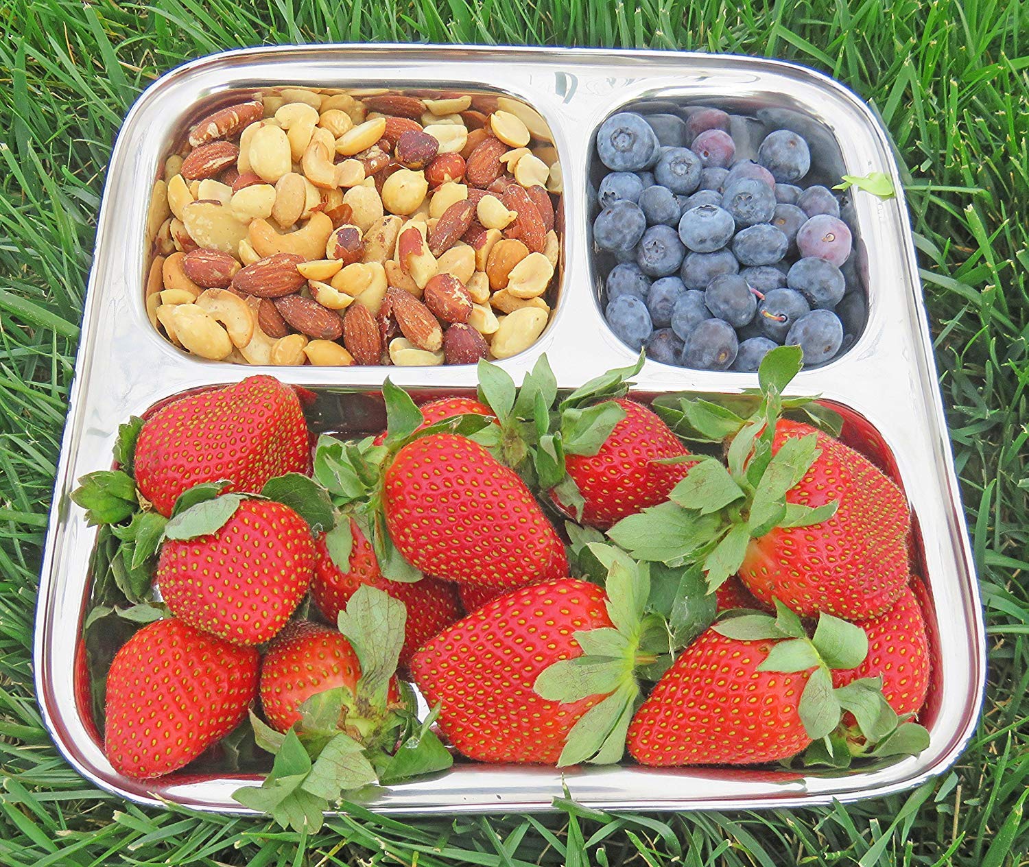 Assiette carrée à 3 compartiments en acier inoxydable, Thali, plateau à assiettes et assiettes à dîner, ensemble de 4 assiettes - 25 cm chacune