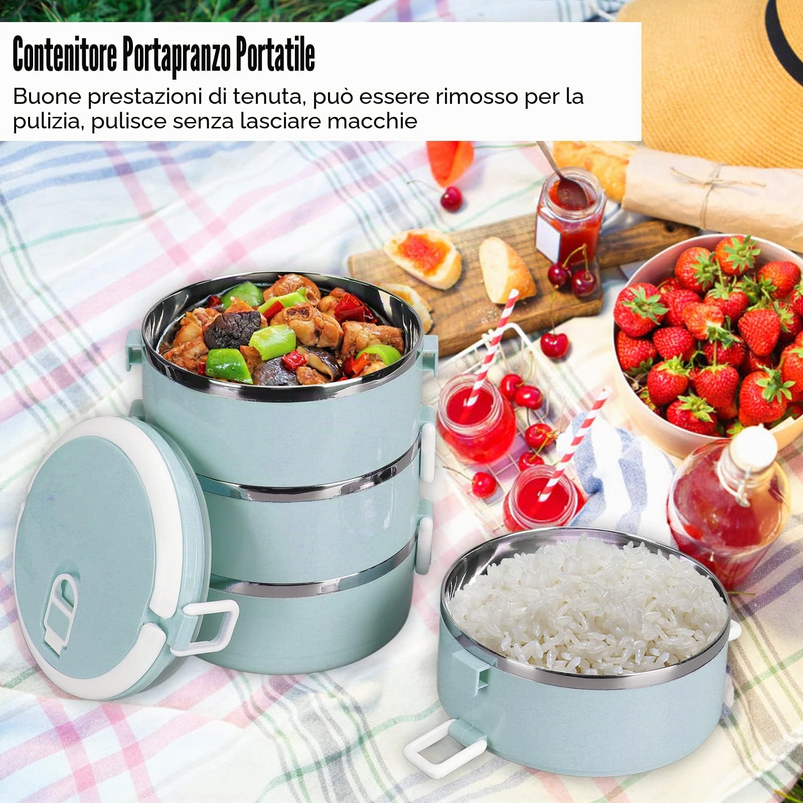 Thermos per cibi caldi, contenitore per il pranzo, contenitore per alimenti, fibbie di sicurezza per contenitori per il pranzo termici in acciaio inossidabile con anello di tenuta (four floors-blu)