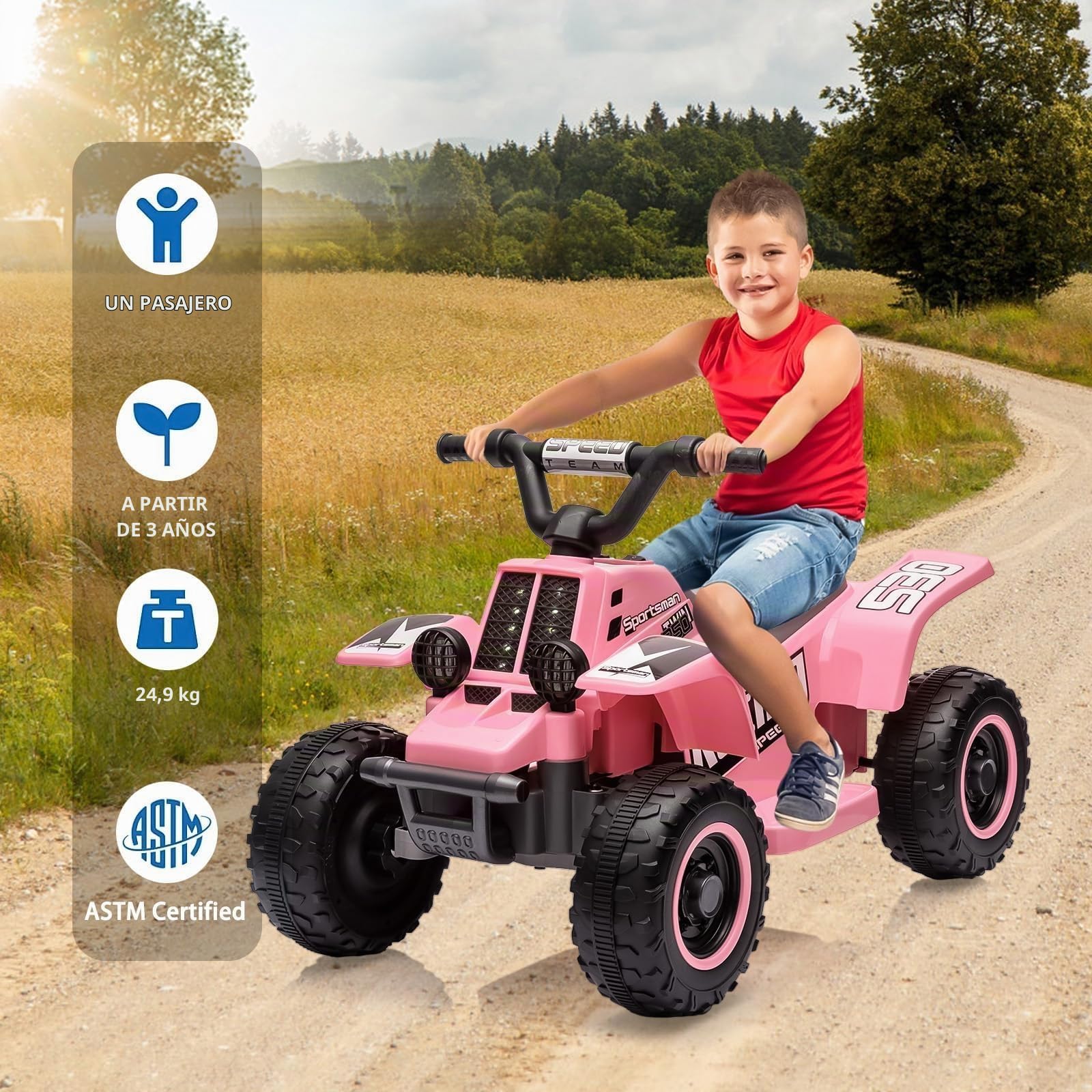 Quad Eléctrico Niño 6V, Coche Eléctrico para Niños de 3 a 6 Años, con LED Y Música, 1,8 km/h con Botón, Arranque de Larga Autonomía,Rosa