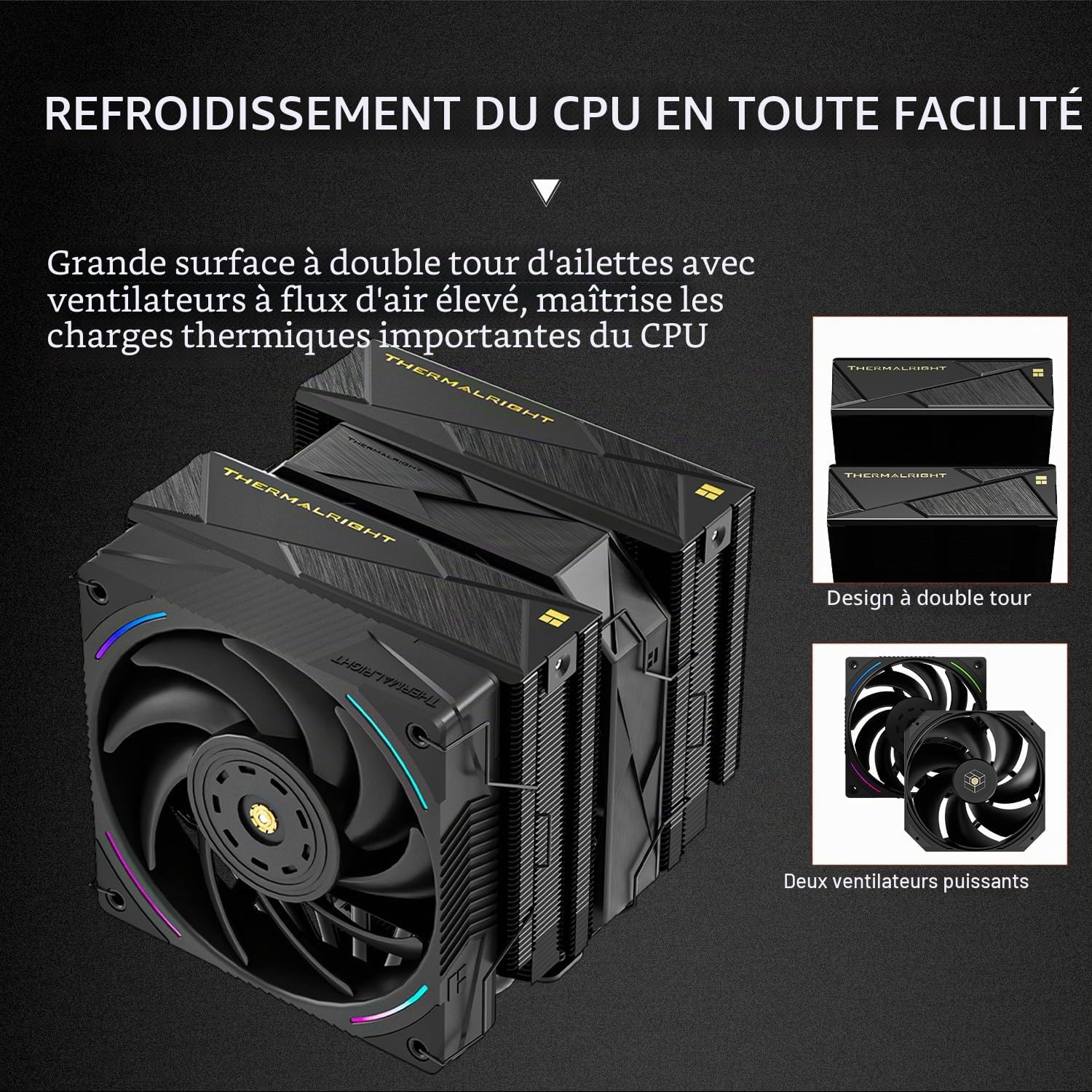 TR-Royal Pretor 130 Ultra Black Refroidisseur CPU, 7 caloducs Refroidisseur CPU-Kühlung, couvercle supérieur noir brossé, pour Intel LGA115X/2011/1700/1851, plateformes AM4/AM5, Double tours et