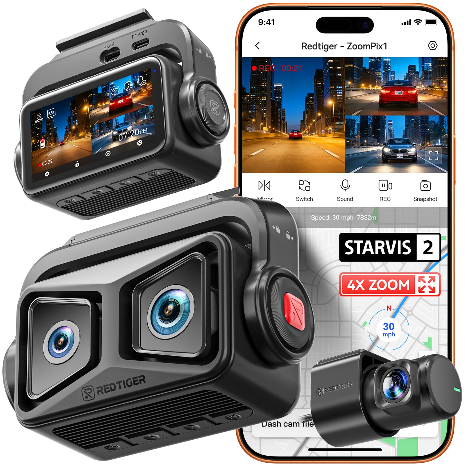 REDTIGER ZP1 Dash Cam Front and Rear, Telephoto+Wide Front Lenses for 100ft Plate Recognition, 4X Zoom, 2K+1080P Recording, Dual STARVIS 2, HDR Night Vision, 5.8GHz WiFi, Voice Control, Loop
