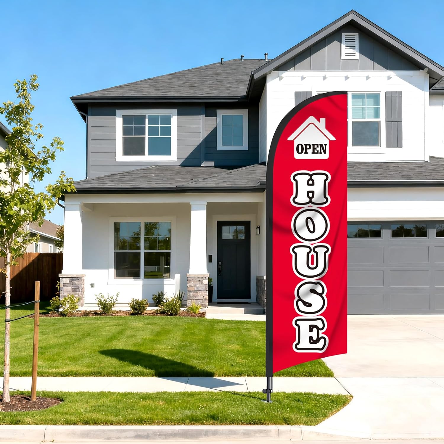 Open House Flag Signs for Real Estate 8 Ft with Pole Kit, Red Open House Signs with Flagpole, Open Banner Feather Flags for Outside Business Advertising Supplies