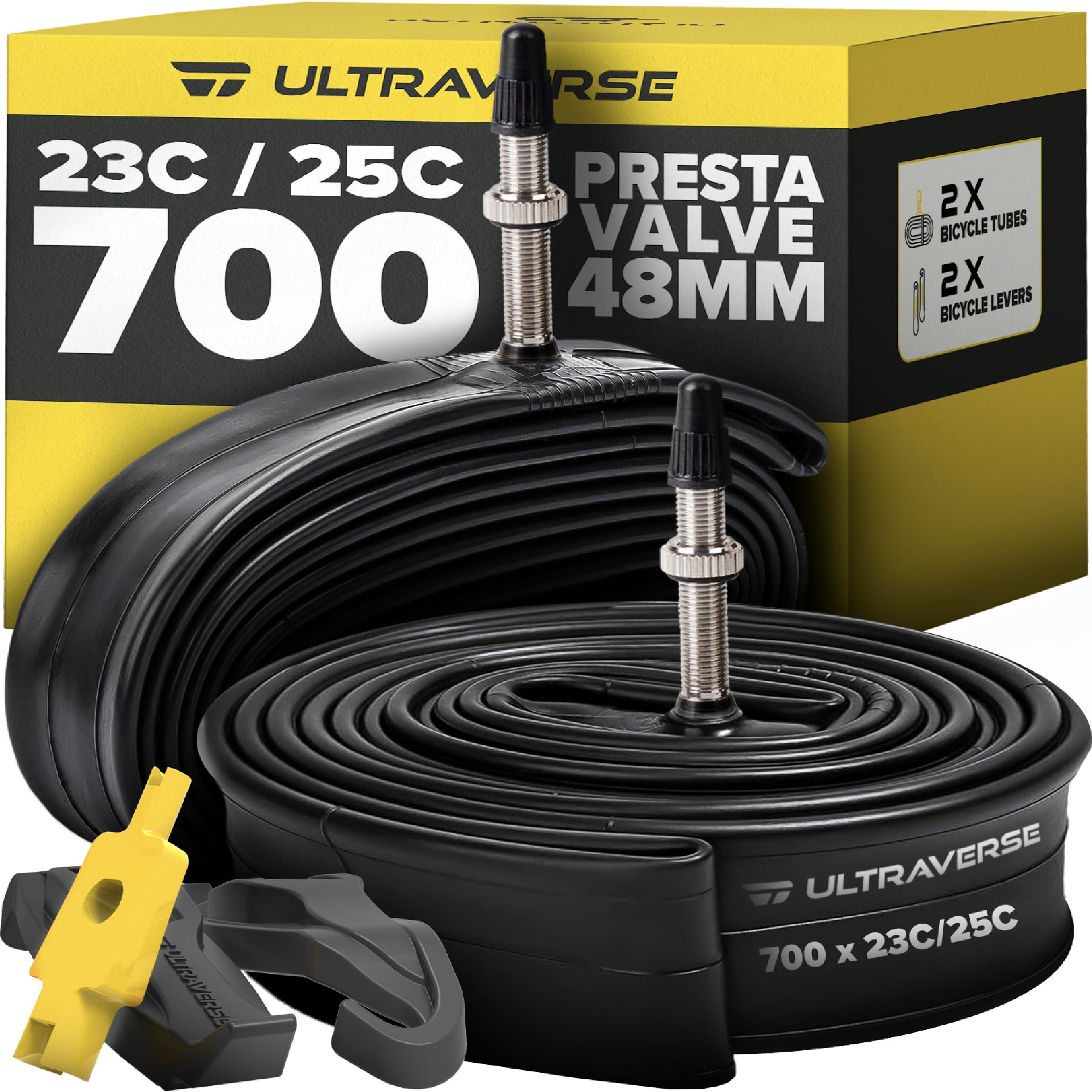 Bike Inner Tube for 700x23-25c, 700x28-32c, 700x35-43c 28 inch Bicycle Wheel Sizes with 48mm Presta Valve - Butyl Rubber Tubes for Road and Gravel Bikes - 2 Tubes, 2 tire levers Included