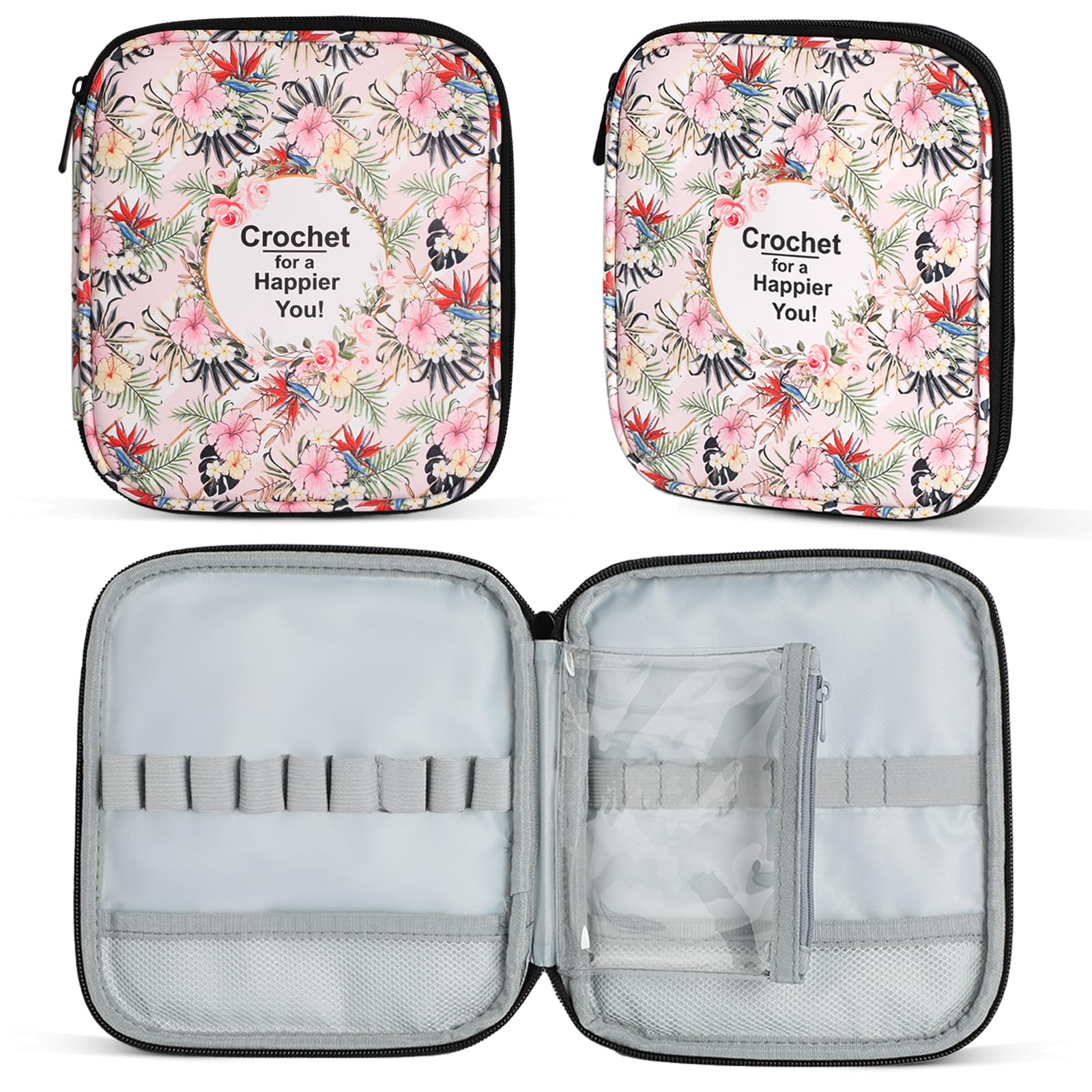JOZEA Crochet Hook Case Empty (20x18cm), Pink Floral Storage Organiser for Ergonomic Needles & Knitting Accessories | Single Layer Zipper Case with Clear Pouch & Mesh Pockets (Bag Only) โ image 1