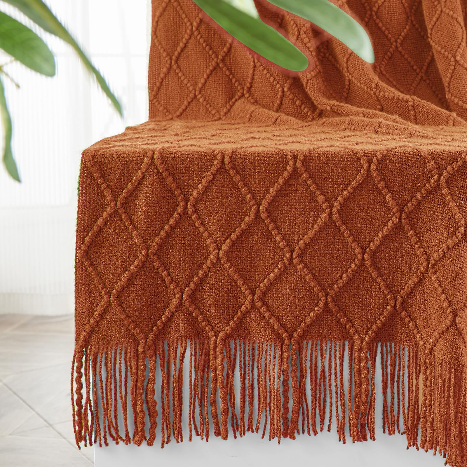 inhand Knitted Throw Blankets for Couch and Bed, Soft Cozy Knit Blanket with Tassel, Orange Rust Lightweight Decorative Blankets and Throws, Farmhouse Warm Woven Blanket for Men and Women, 60"x80"